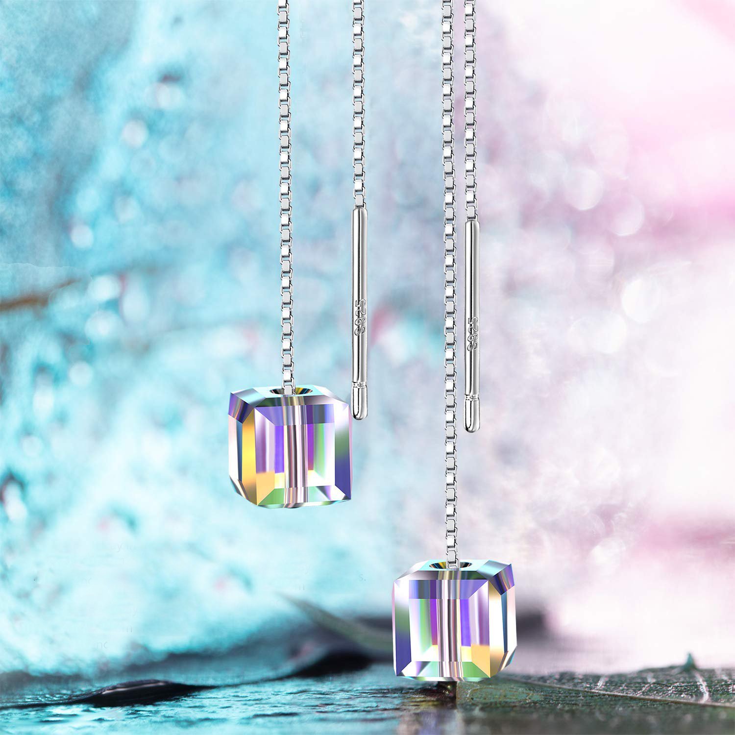 Stunning Aurora Borealis Swarovski Elements Dangling Earrings featuring 18K white gold plating, showcasing shimmering stones and elegant design.