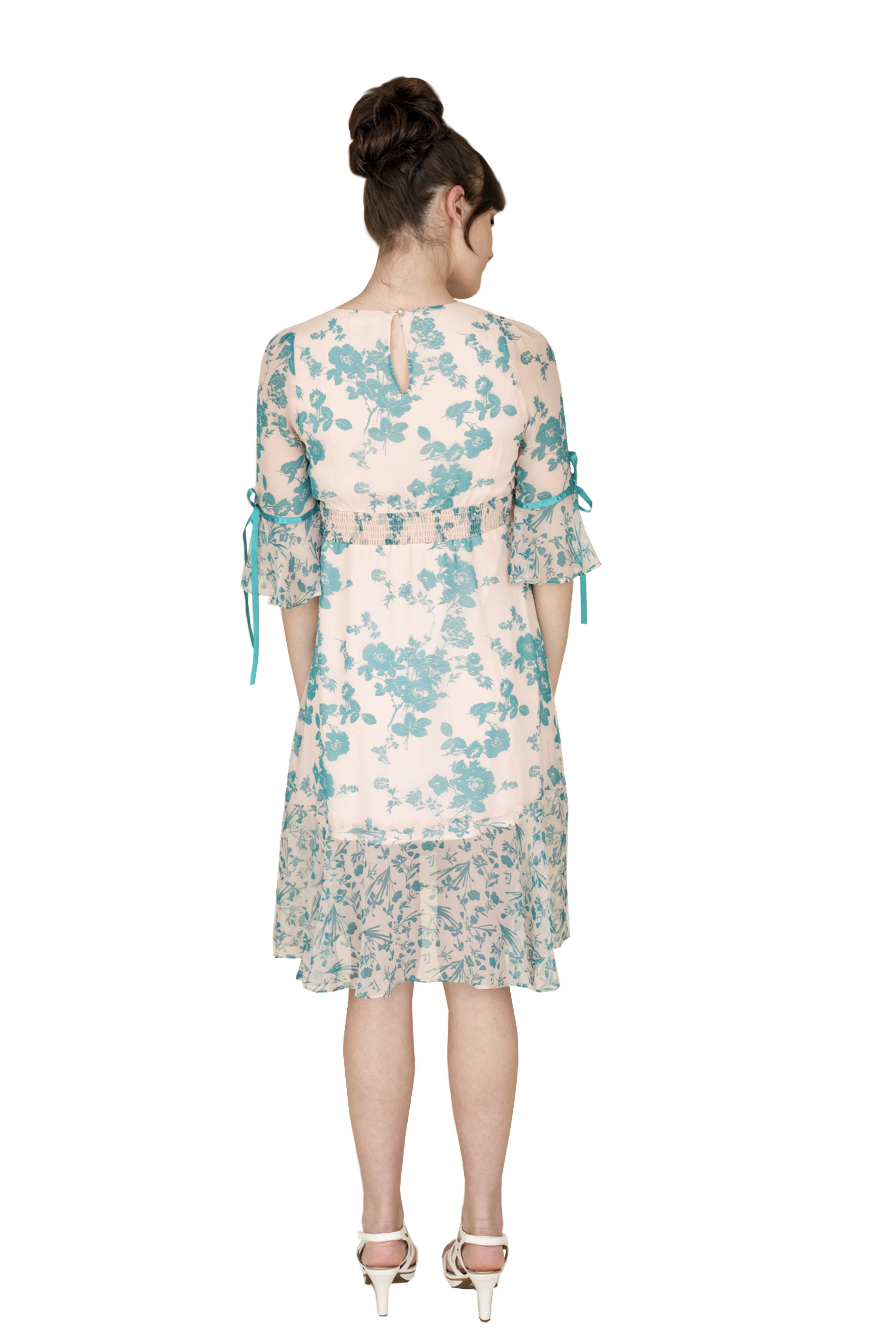 A stylish summer floral dress featuring a blue floral print, round neckline, fluttery sleeves, and a ruffle hem, perfect for warm weather.