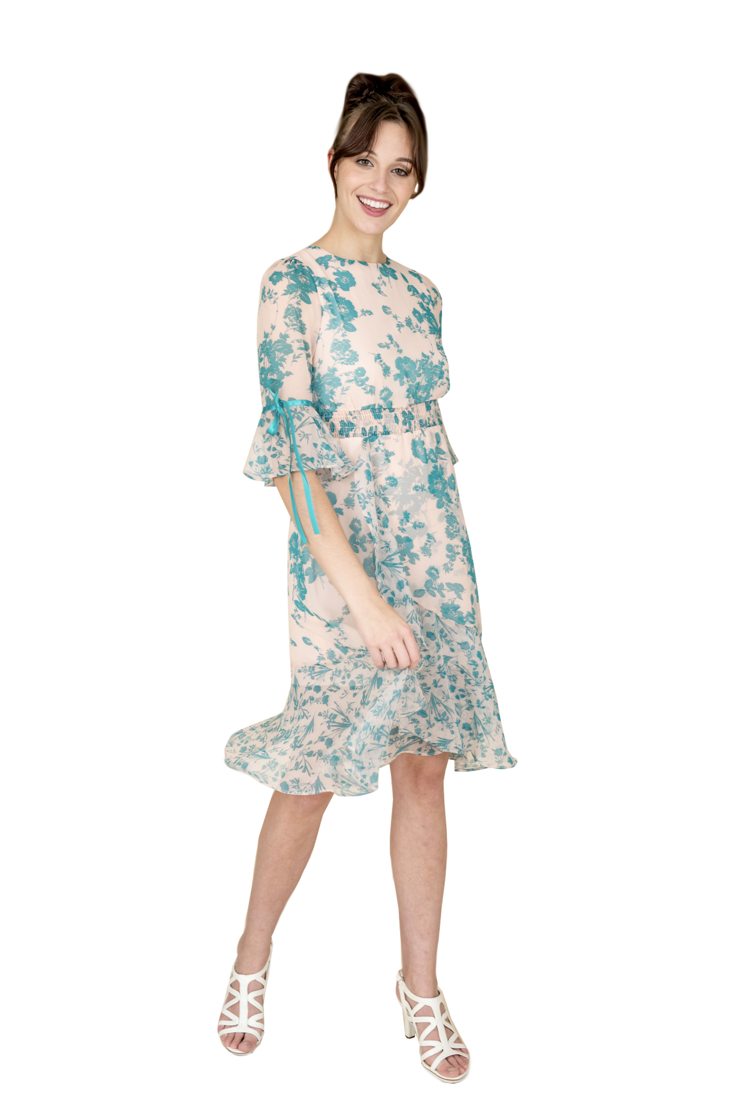 A stylish summer floral dress featuring a blue floral print, round neckline, fluttery sleeves, and a ruffle hem, perfect for warm weather.