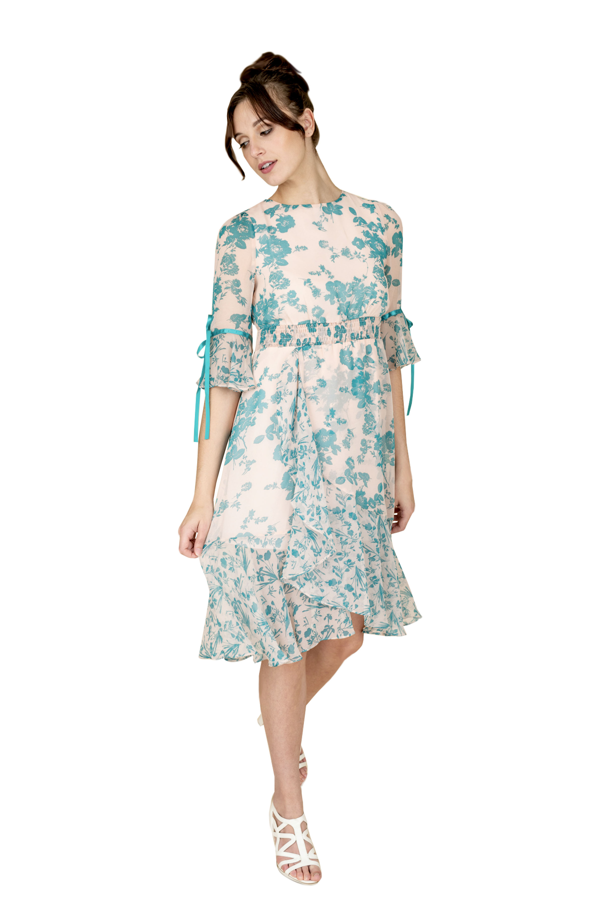 A stylish summer floral dress featuring a blue floral print, round neckline, fluttery sleeves, and a ruffle hem, perfect for warm weather.