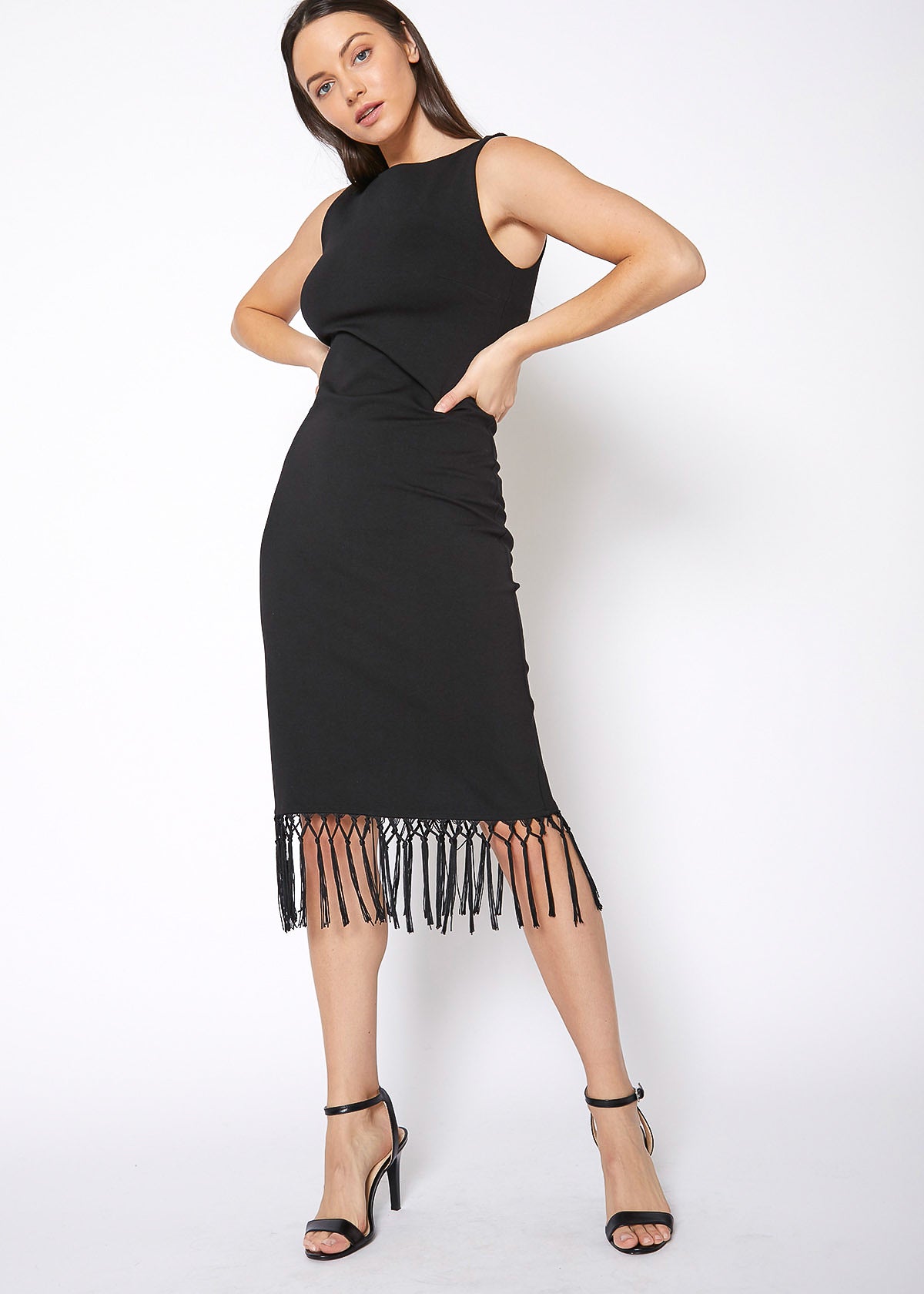 A stylish black sleeveless midi bodycon dress featuring a tassel hem and V-neck design, perfect for various occasions.