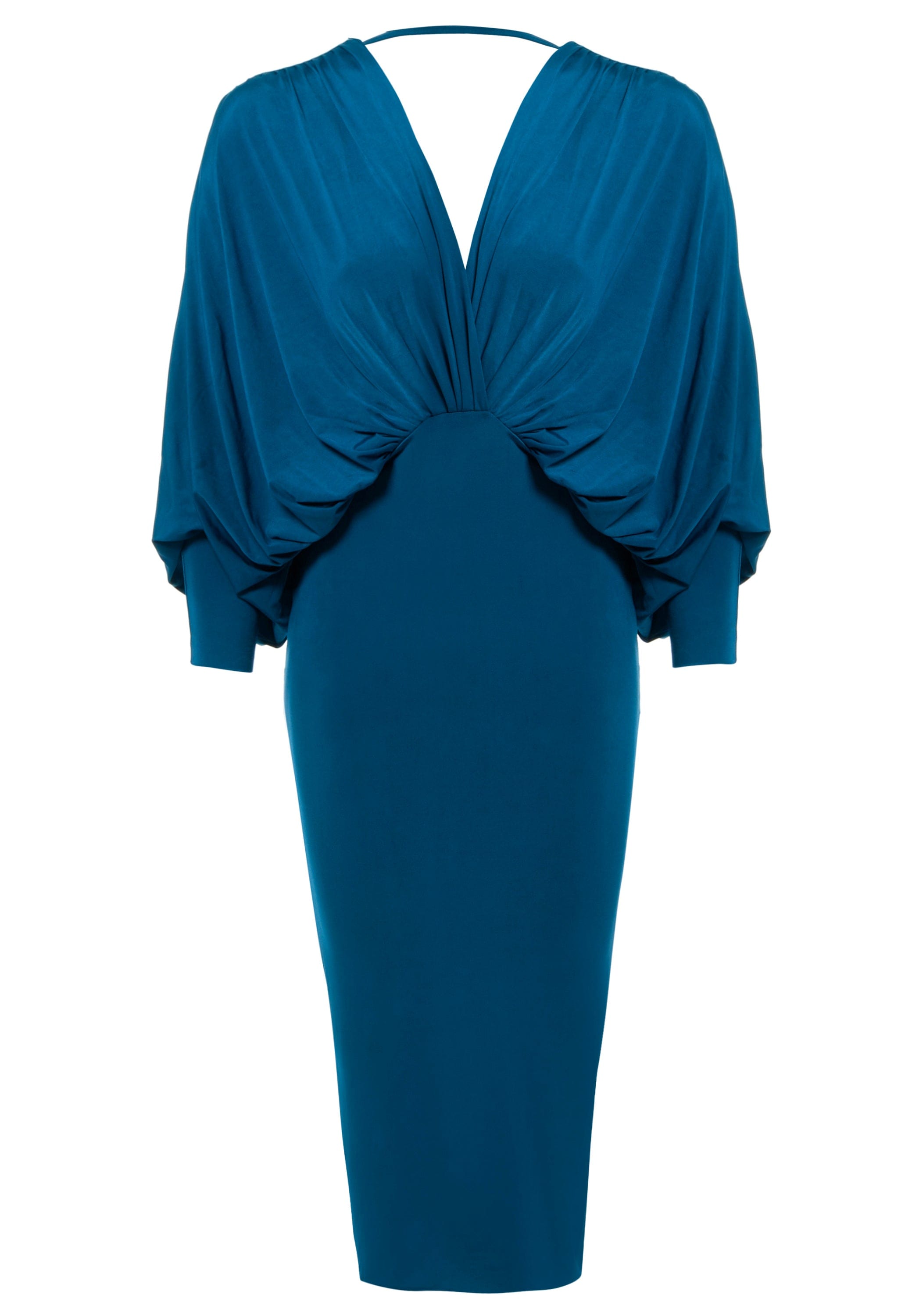 Teal Plunging Front Midi Dress featuring batwing sleeves and a fitted skirt, showcasing a plunging neckline and open back design.