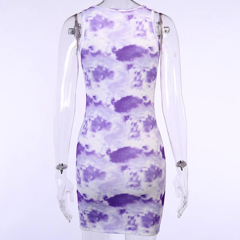 A vibrant tie dye sleeveless sexy dress for women, featuring an O-neck and bodycon mini silhouette, perfect for summer outings.