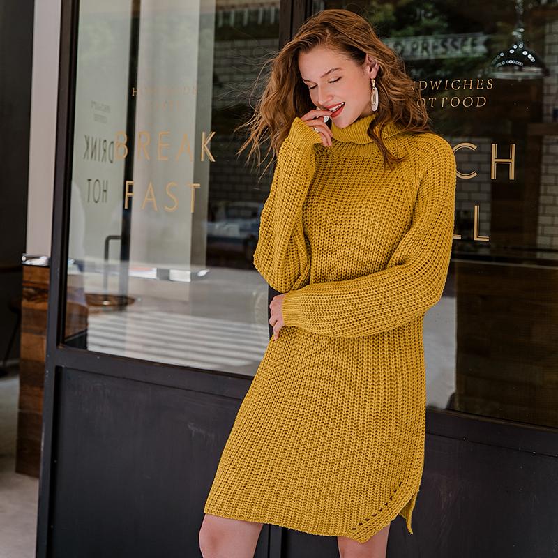 A stylish Turtleneck Warm Women Sweater Dress in a cozy acrylic fabric, featuring a turn-down collar and full sleeves, perfect for winter wear.