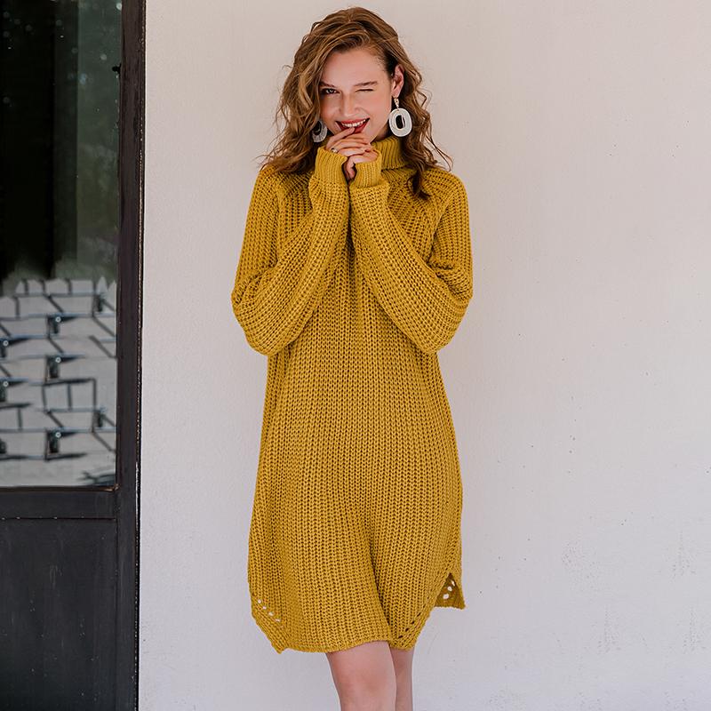 A stylish Turtleneck Warm Women Sweater Dress in a cozy acrylic fabric, featuring a turn-down collar and full sleeves, perfect for winter wear.