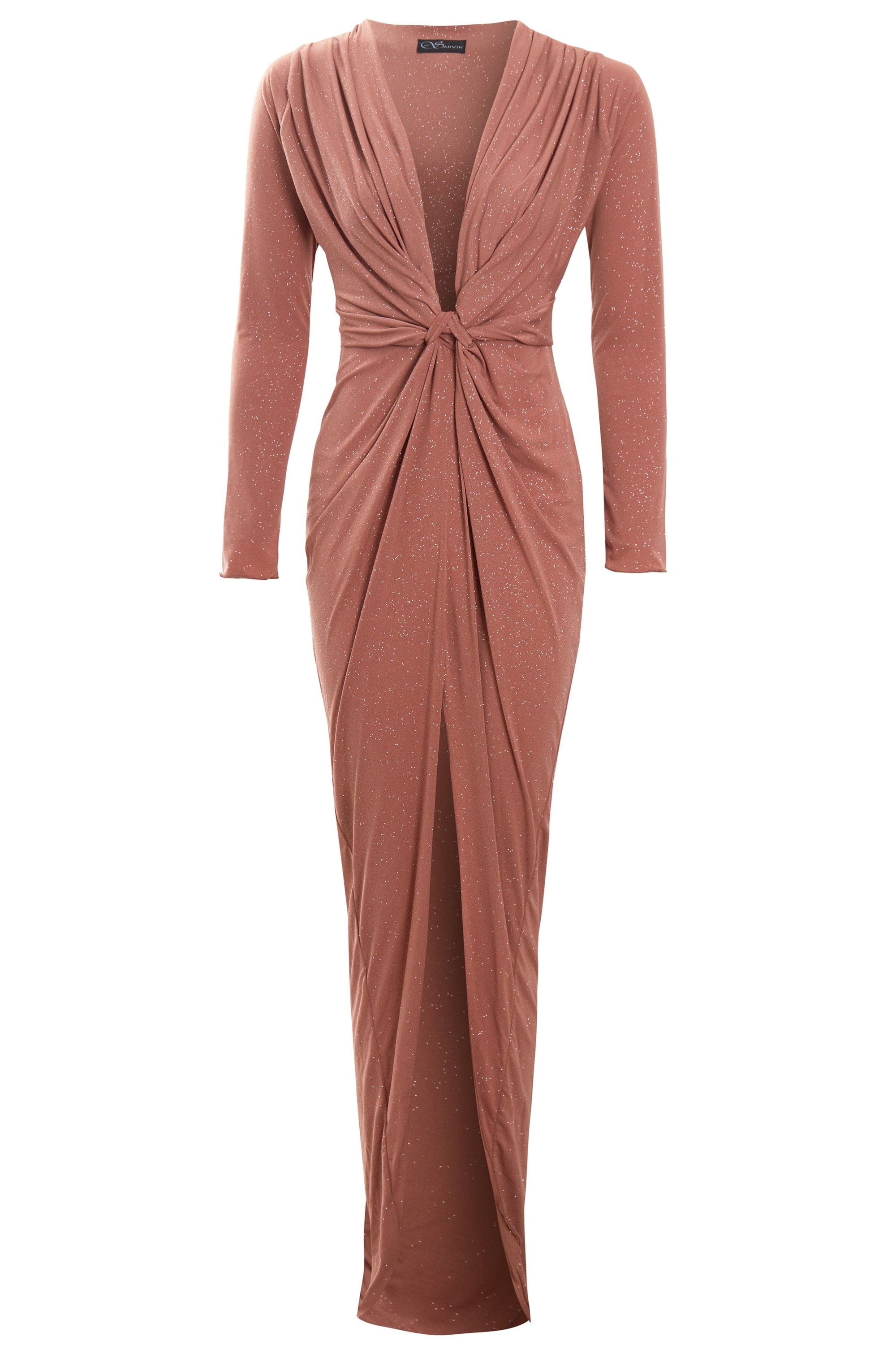 Clara Rose Gold Twist Knot Front Dress featuring a plunging neckline, long sleeves, and a glamorous floor-length design.