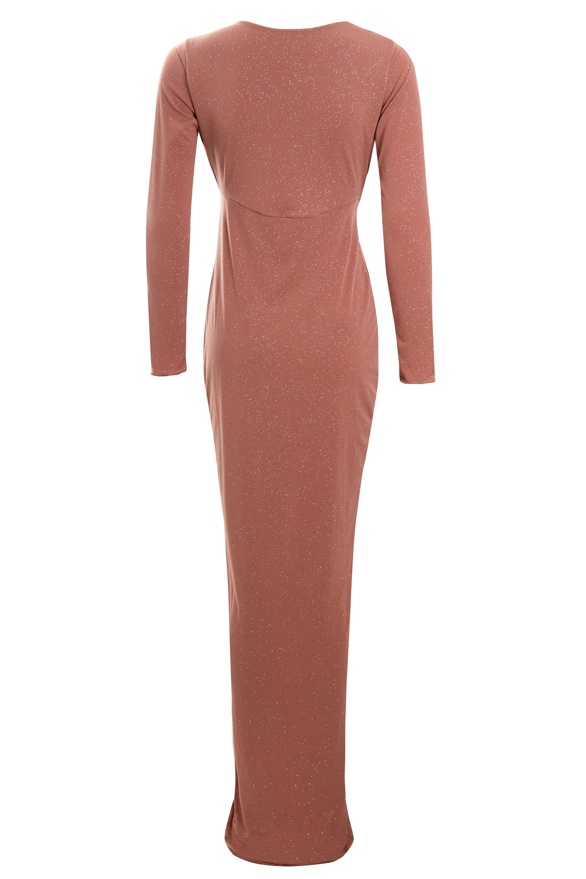 Clara Rose Gold Twist Knot Front Dress featuring a plunging neckline, long sleeves, and a glamorous floor-length design.