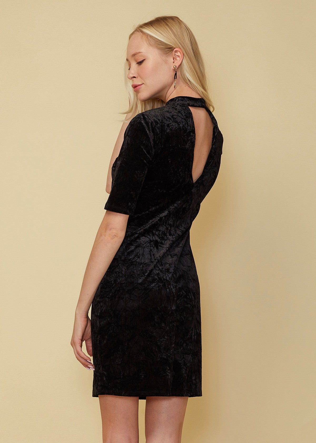 A stylish Velvet Deep V Cutout Back Dress featuring a mock neck and bodycon fit, showcasing its elegant design and luxurious fabric.