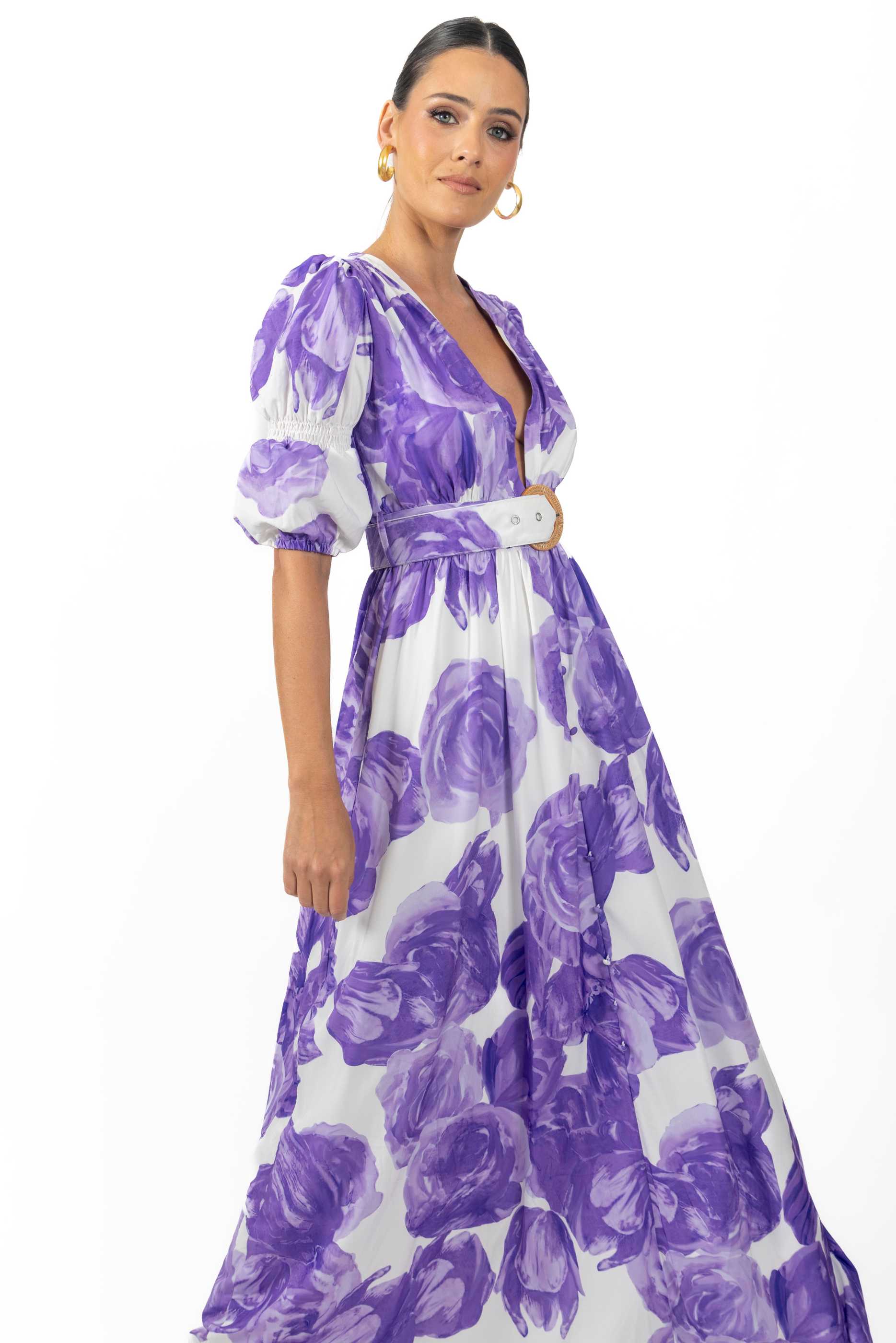 Verona Maxi Women's Floral Dress in lilac with vibrant floral print and mid-length sleeves, featuring a deep v-neck and a stylish belt.