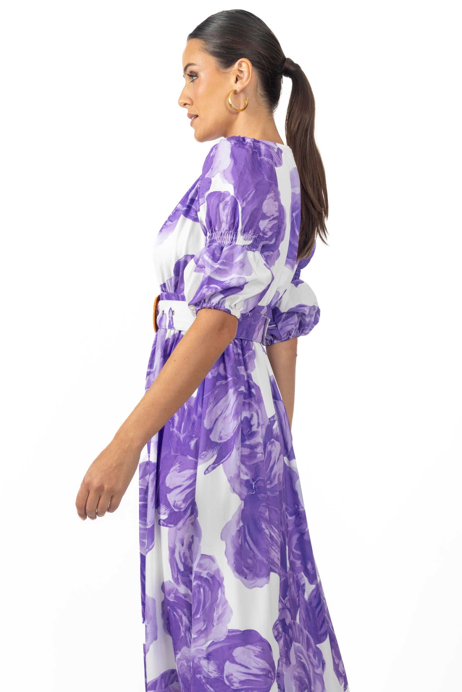 Verona Maxi Women's Floral Dress in lilac with vibrant floral print and mid-length sleeves, featuring a deep v-neck and a stylish belt.