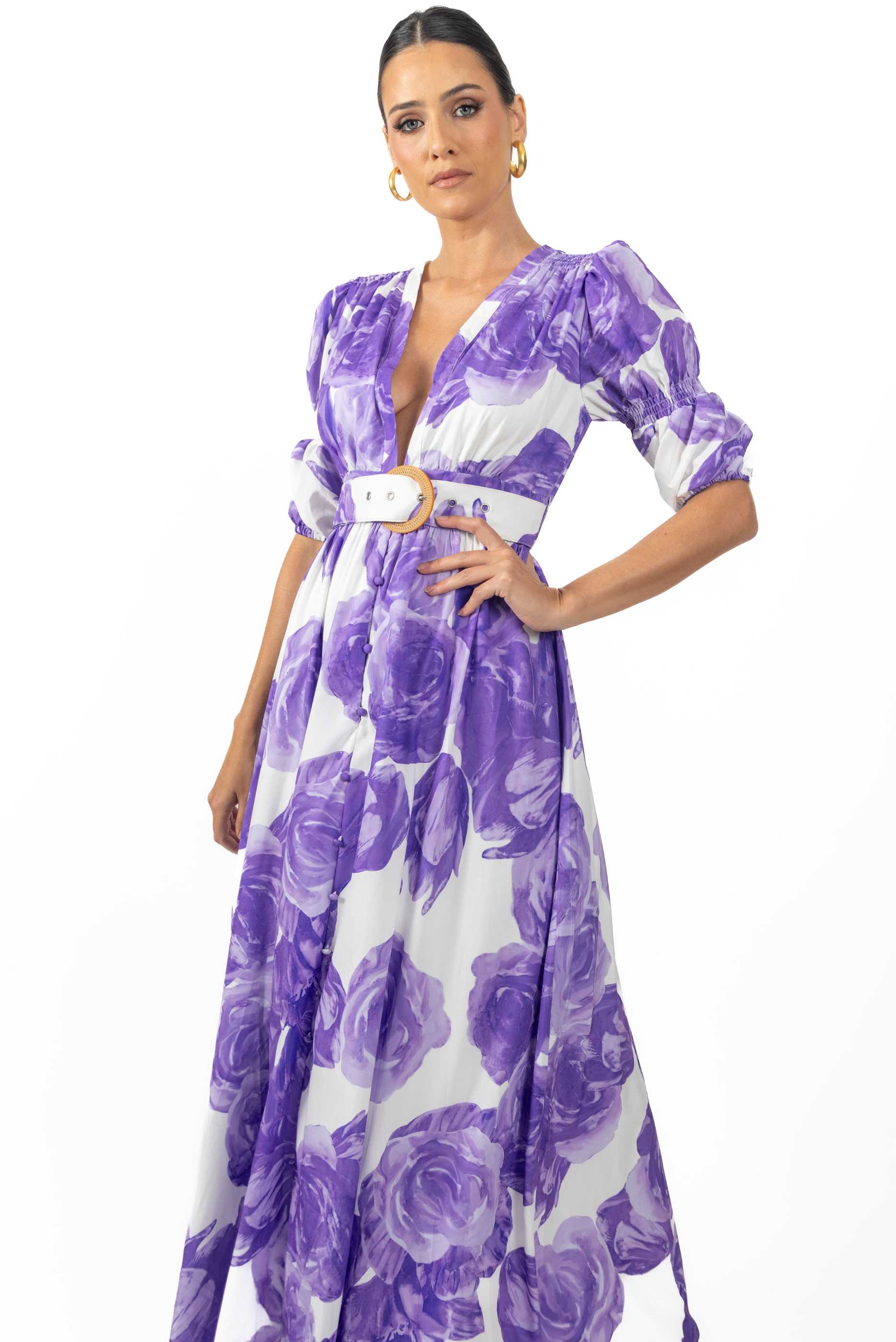 Verona Maxi Women's Floral Dress in lilac with vibrant floral print and mid-length sleeves, featuring a deep v-neck and a stylish belt.