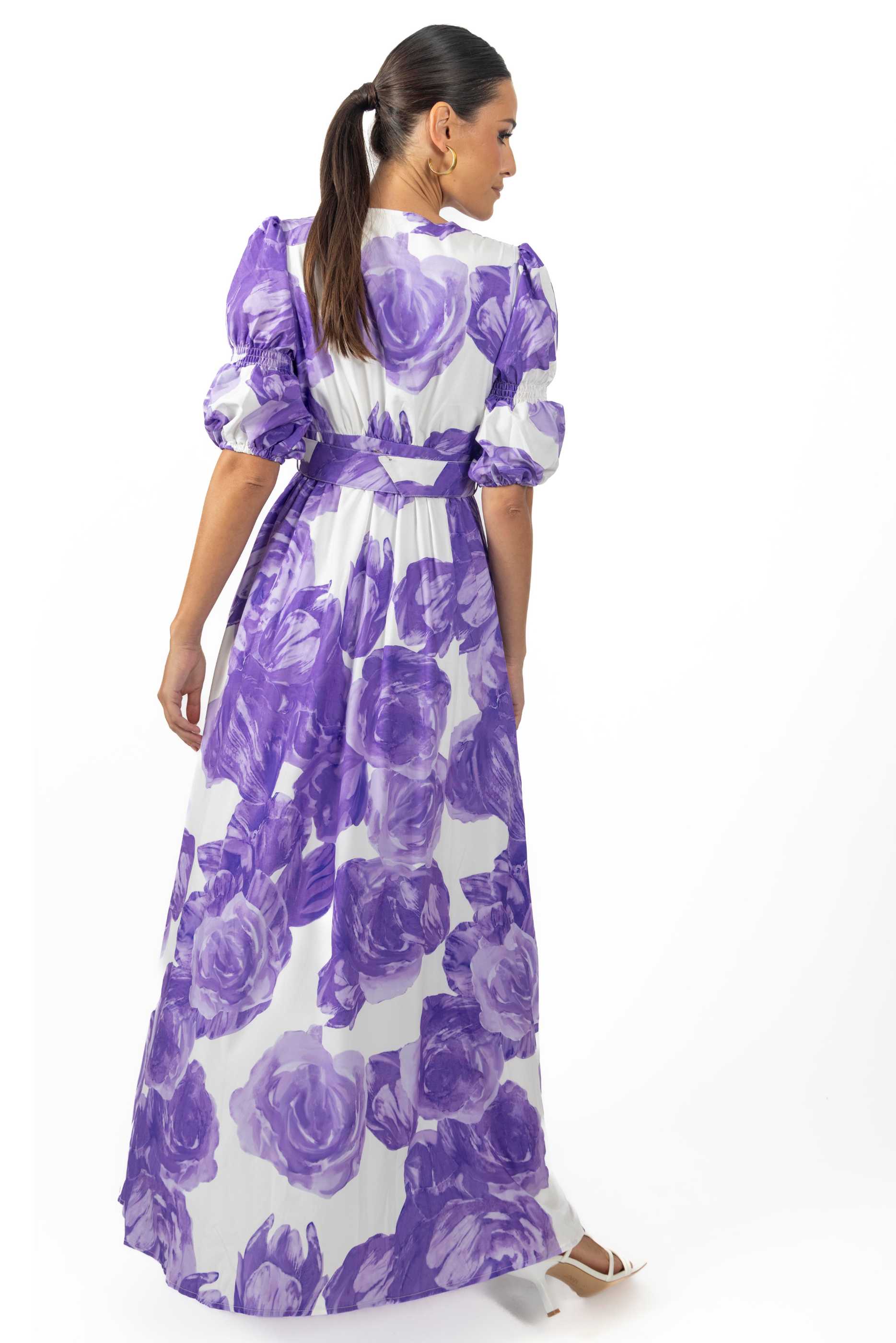 Verona Maxi Women's Floral Dress in lilac with vibrant floral print and mid-length sleeves, featuring a deep v-neck and a stylish belt.