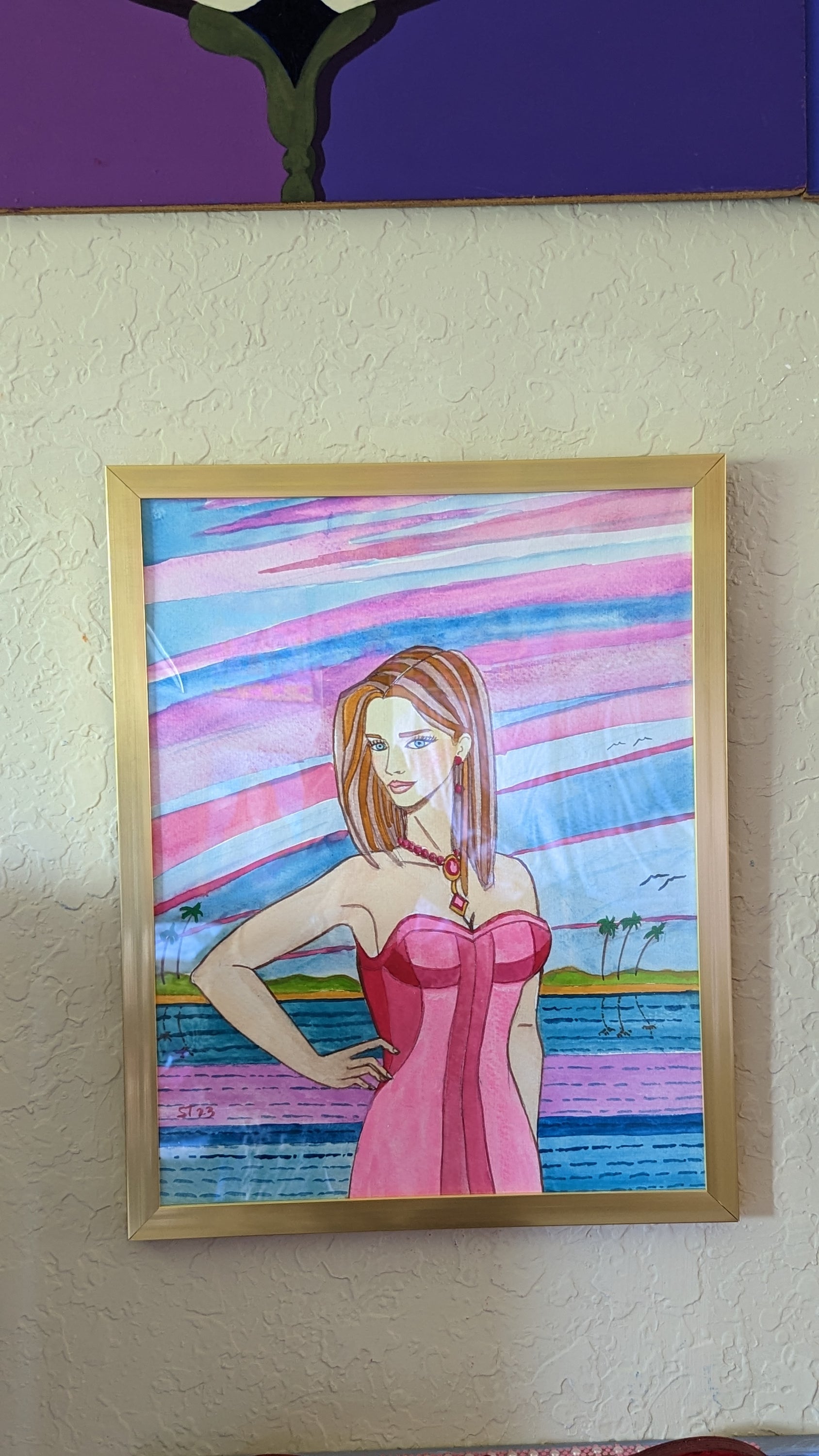 Original watercolor painting of a maiden against a Florida sunset, framed with plexiglass.