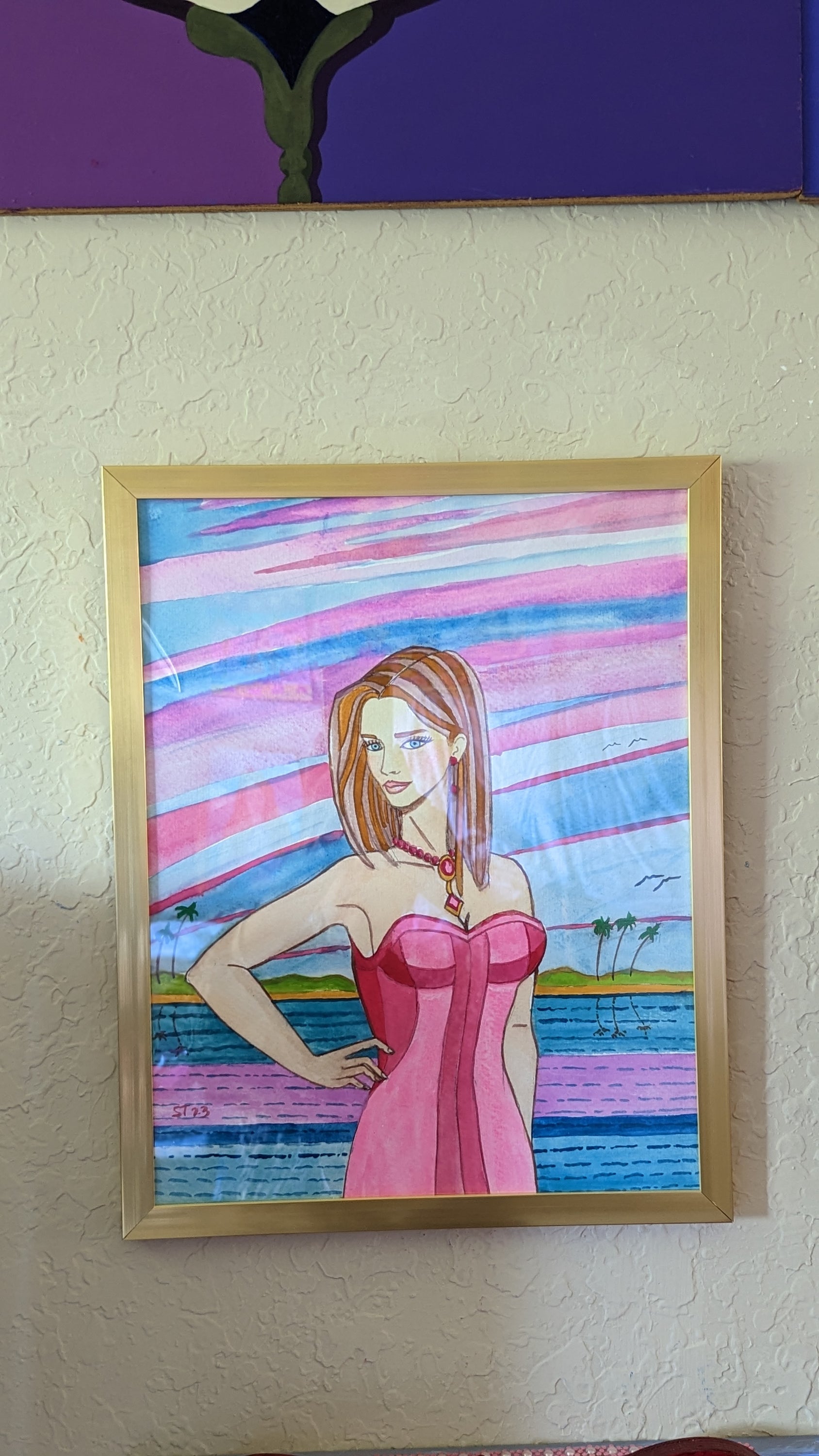 Original watercolor painting of a maiden against a Florida sunset, framed with plexiglass.