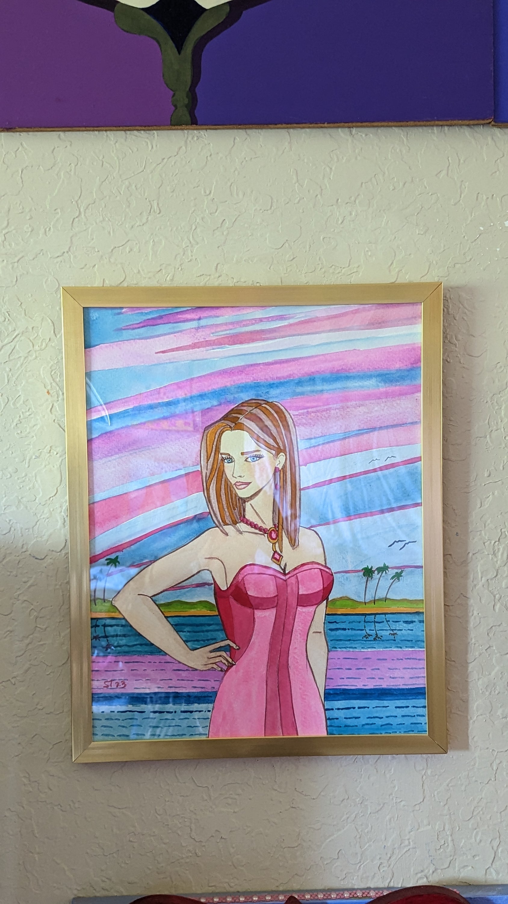 Original watercolor painting of a maiden against a Florida sunset, framed with plexiglass.