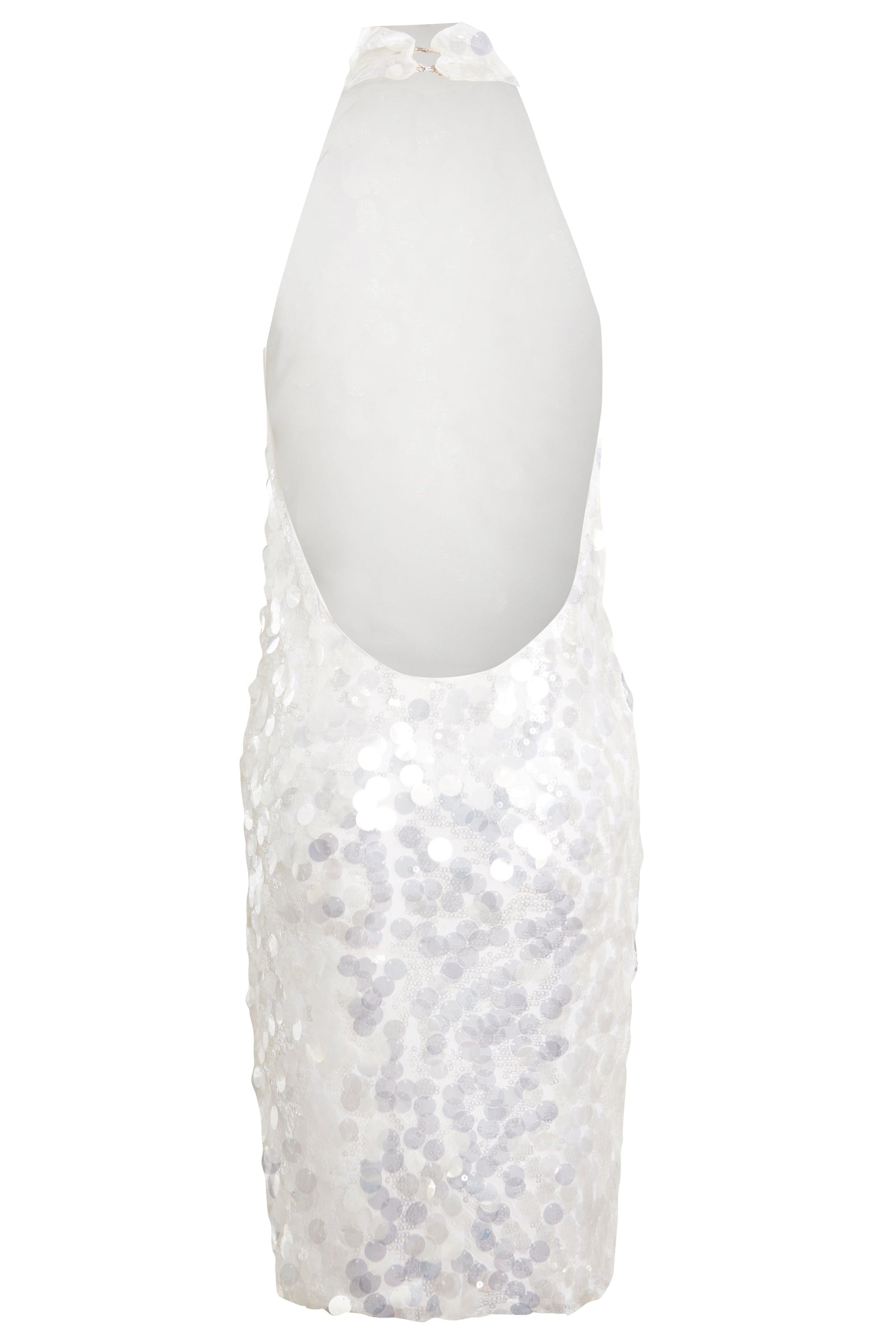 A stylish white backless mini dress featuring a high neckline and low-scooping back, made from sequined mesh material.