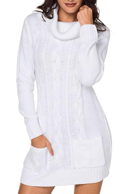 A stylish white cowl neck pocket cable knit sweater dress, featuring a slim fit, long sleeves, and above-knee length, ideal for winter wear.