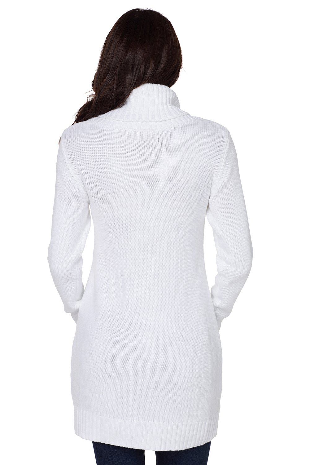 A stylish white cowl neck pocket cable knit sweater dress, featuring a slim fit, long sleeves, and above-knee length, ideal for winter wear.