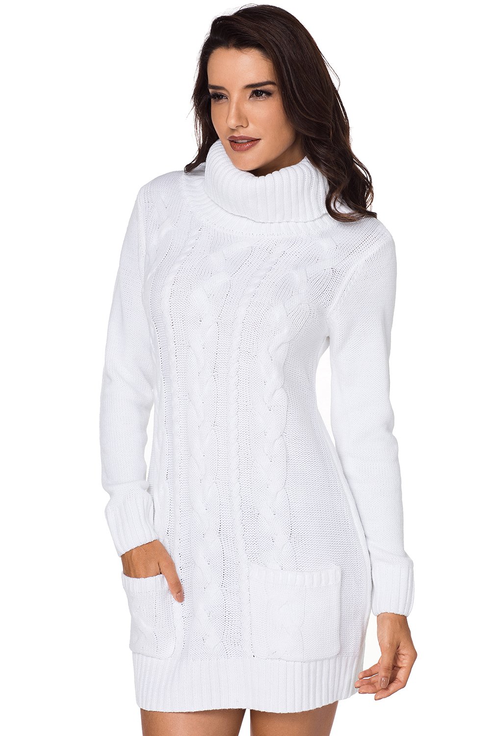 A stylish white cowl neck pocket cable knit sweater dress, featuring a slim fit, long sleeves, and above-knee length, ideal for winter wear.