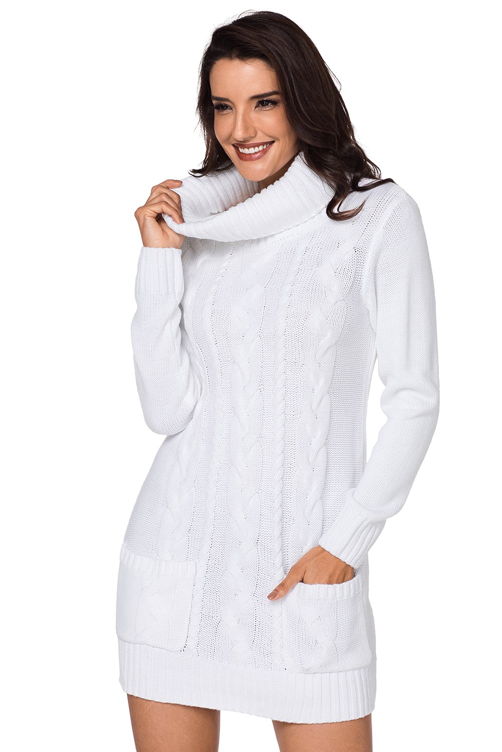 A stylish white cowl neck pocket cable knit sweater dress, featuring a slim fit, long sleeves, and above-knee length, ideal for winter wear.