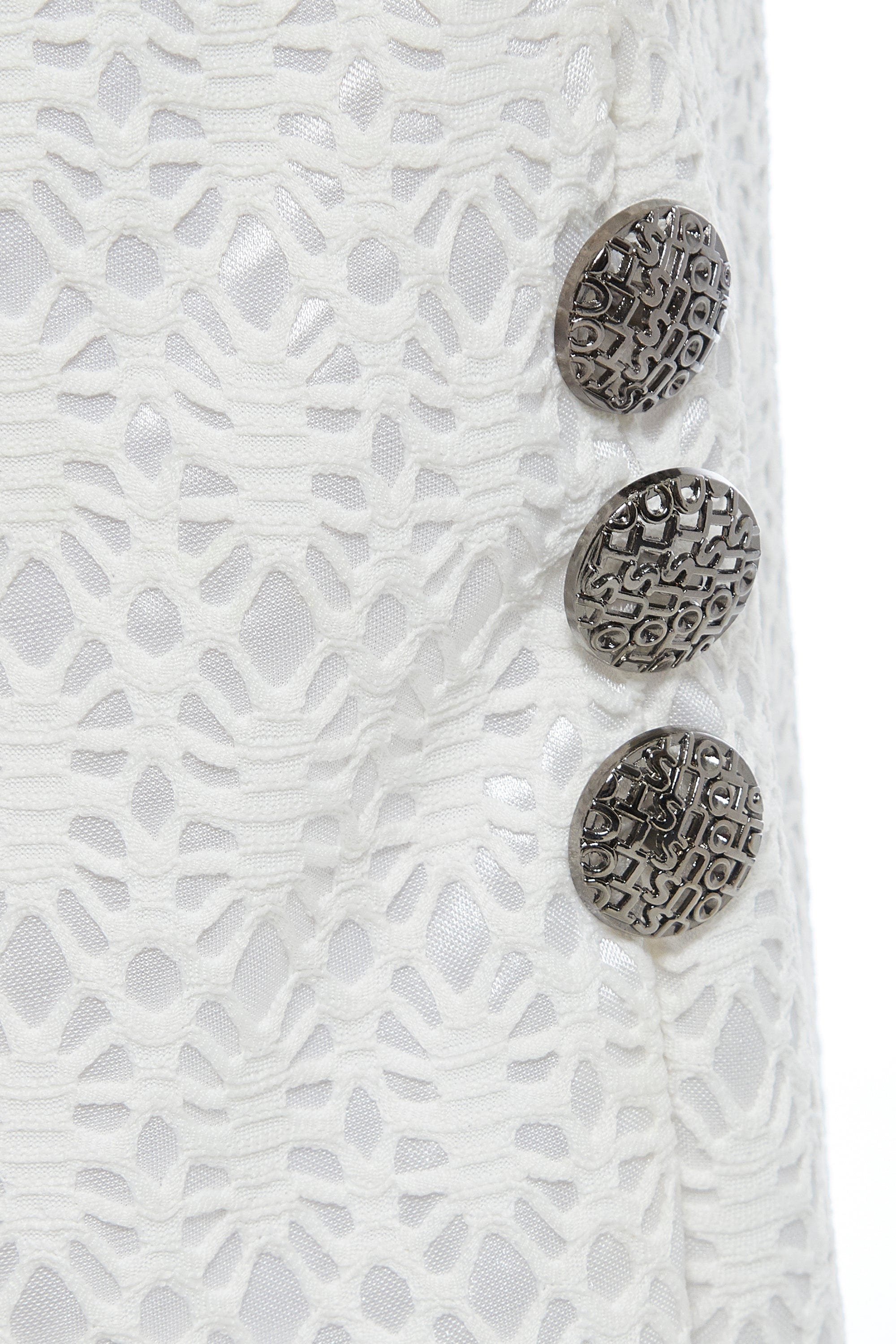 Elegant white lace bodycon skirt with side slit and button embellishment, perfect for glamorous occasions.