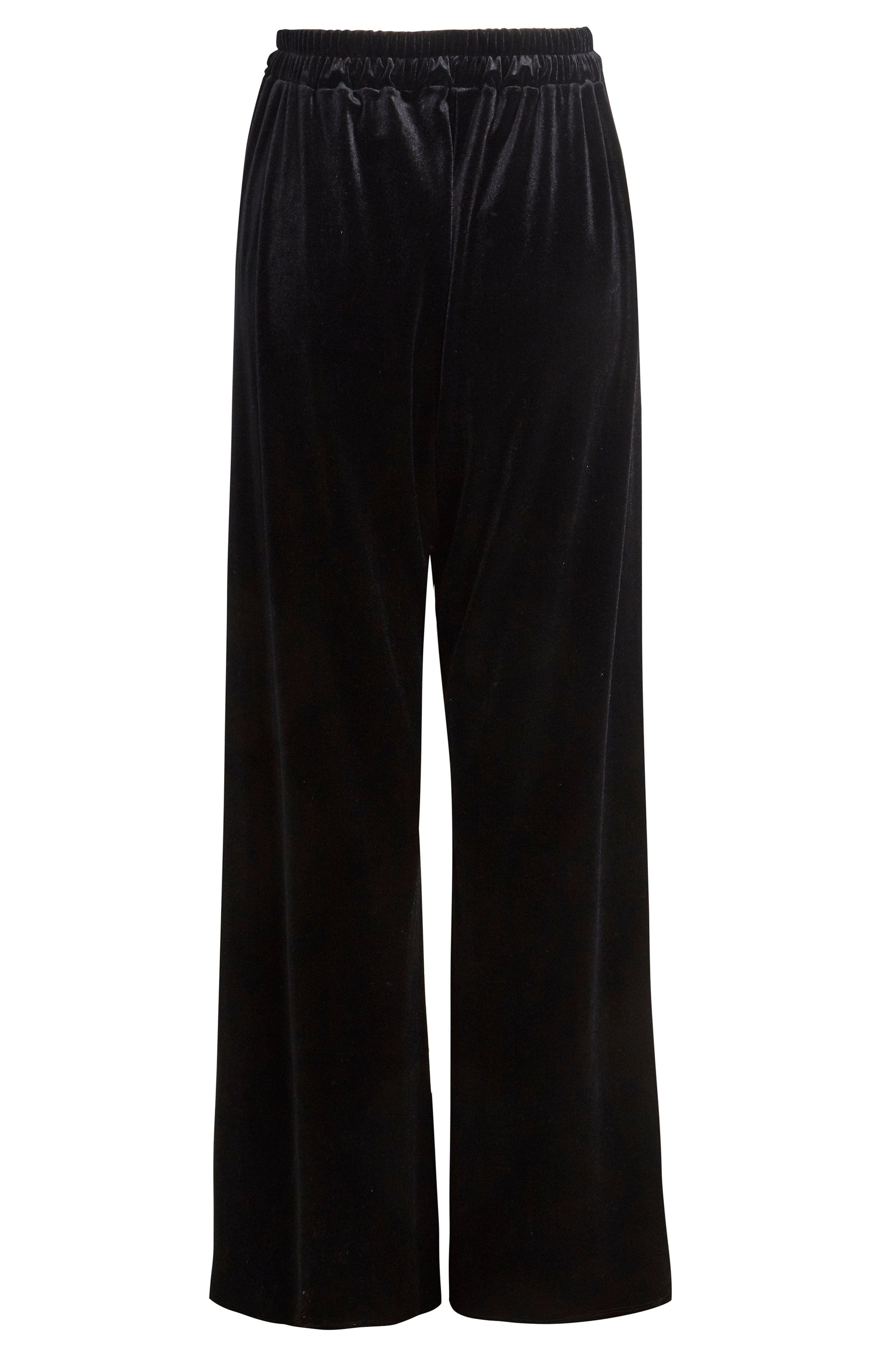 Wide leg velvet trousers in luxurious black silk velvet, featuring an elastic waistband and a floor-length design.