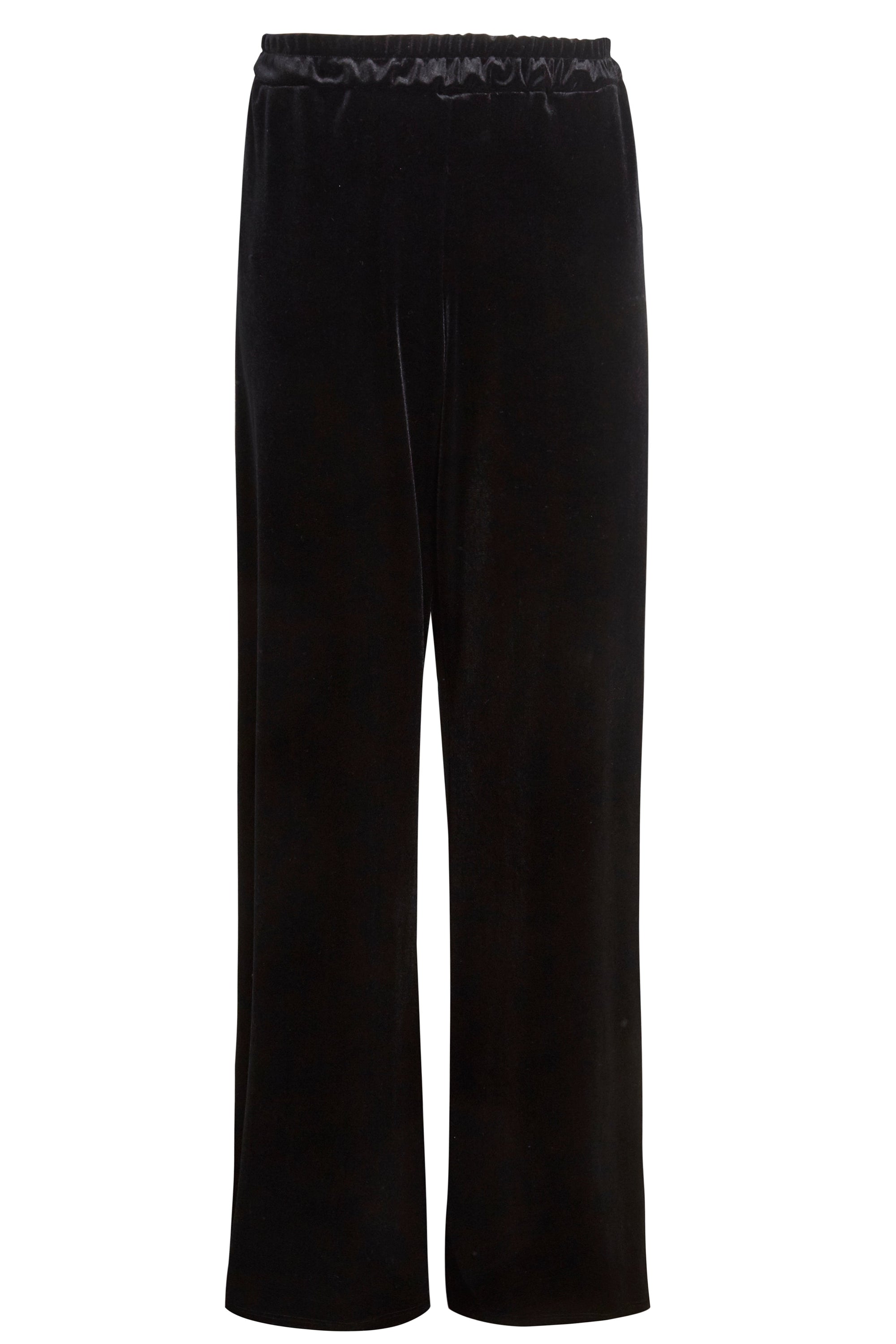 Wide leg velvet trousers in luxurious black silk velvet, featuring an elastic waistband and a floor-length design.