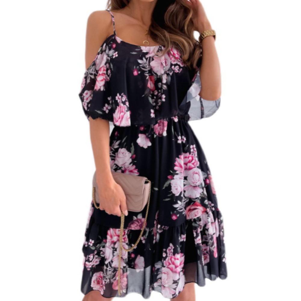 Women’s Cold Shoulder Ruffle Chiffon Beach Dress in various colors, showcasing ruffle details and a stylish silhouette.