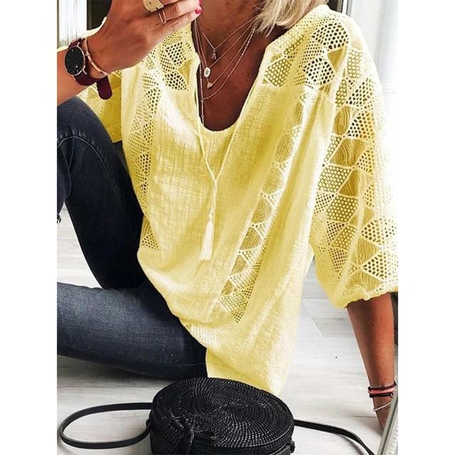 Women Lace Loose Cotton Shirt Blouse V Neck 5XL featuring elegant lace decoration and a casual fit, made from soft cotton and linen.