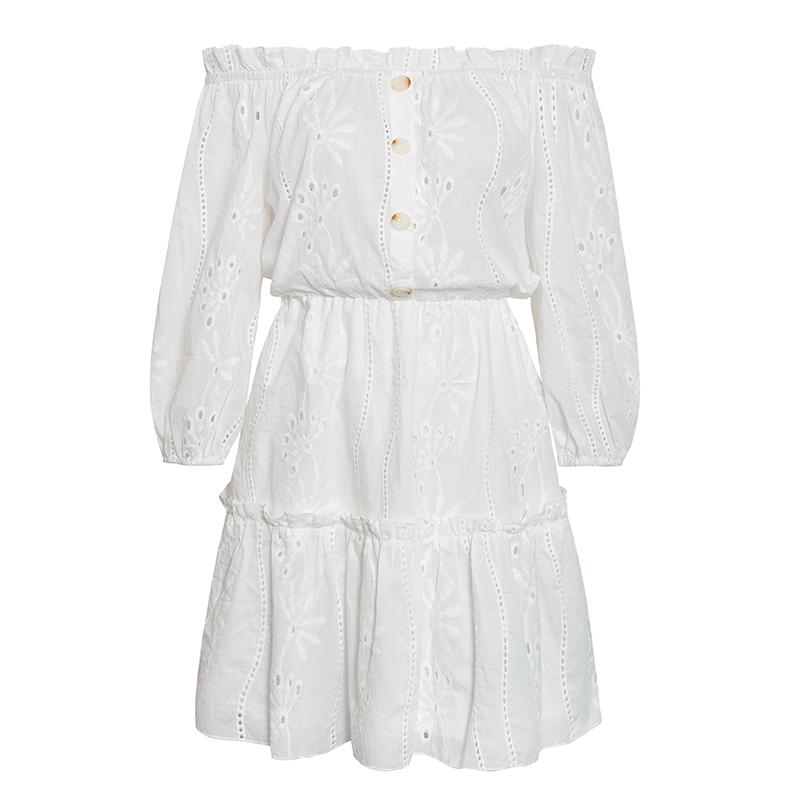 A stylish women sexy white off-shoulder dress with ruffles, made of cotton, perfect for summer occasions.