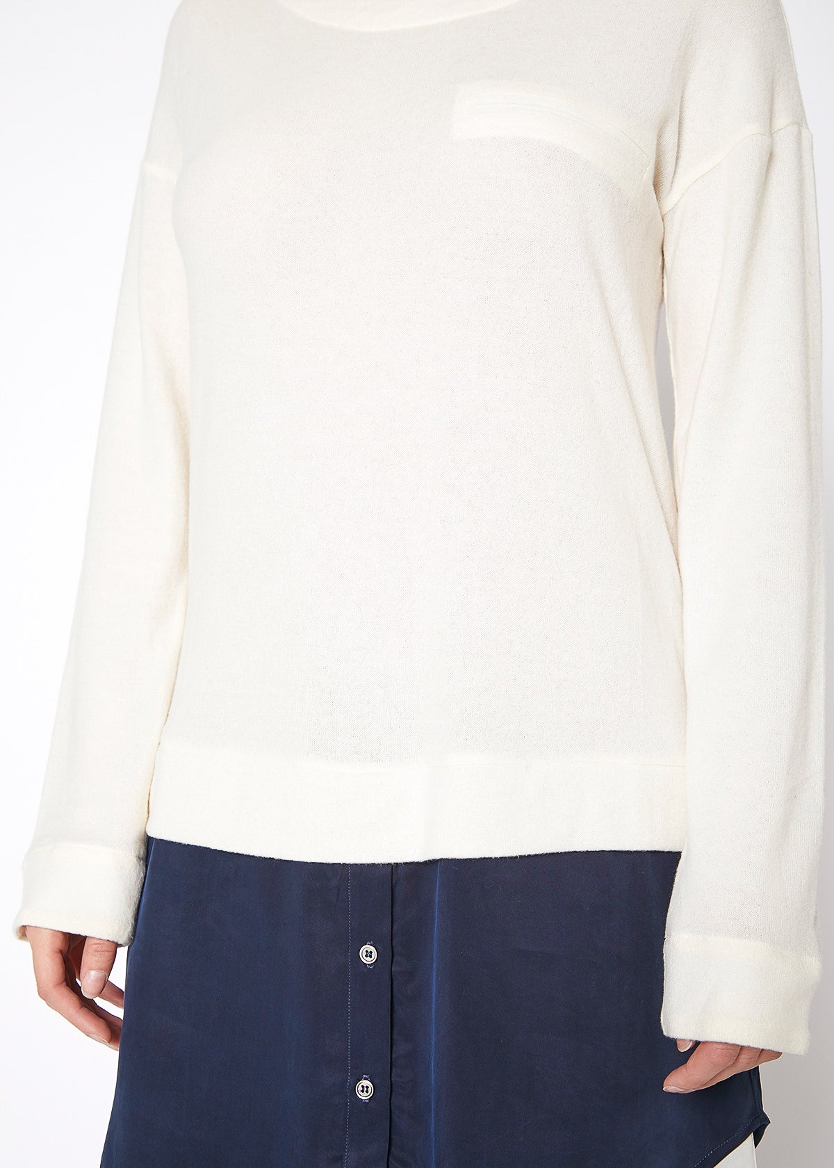 Women Twofer Pullover Sweater Dress featuring long sleeves and a chest pocket, made from a soft cotton blend.