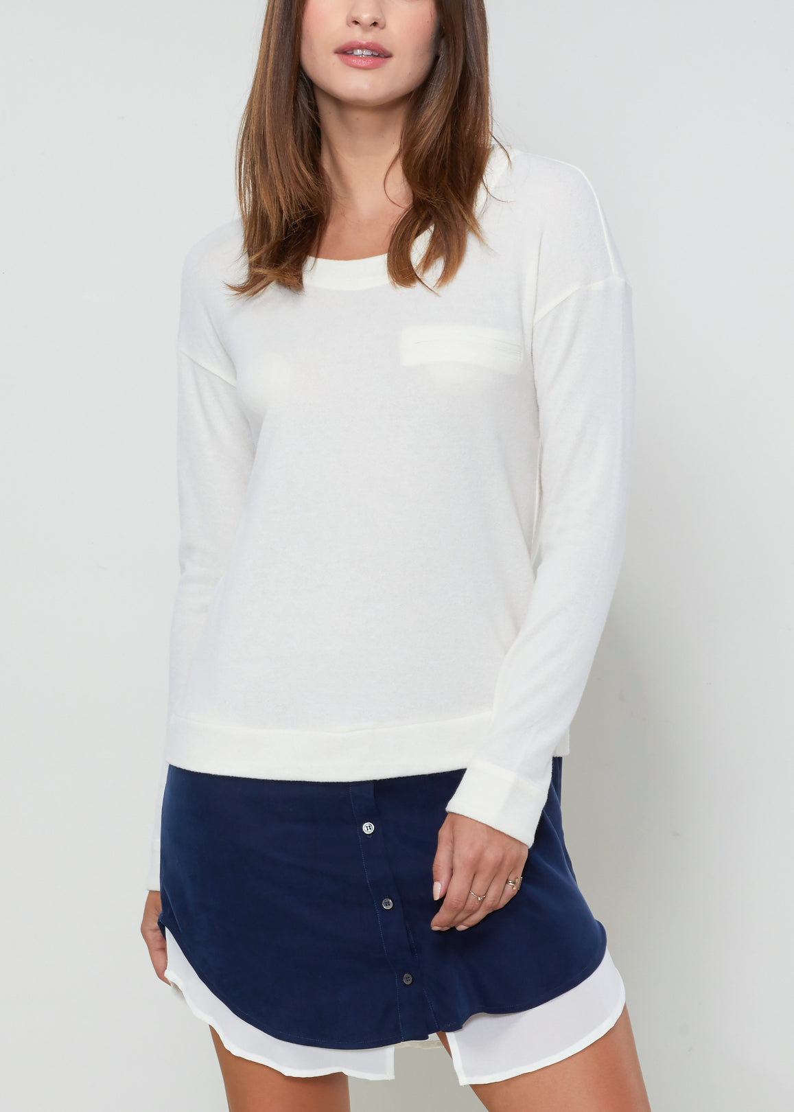 Women Twofer Pullover Sweater Dress featuring long sleeves and a chest pocket, made from a soft cotton blend.