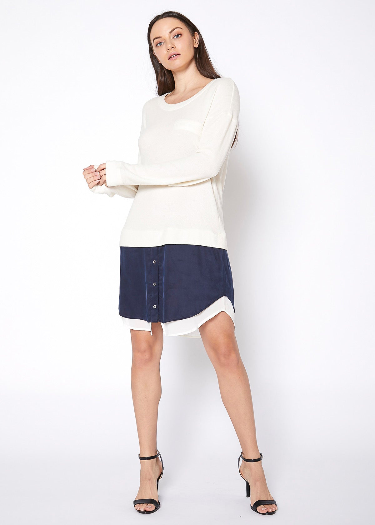 Women Twofer Pullover Sweater Dress featuring long sleeves and a chest pocket, made from a soft cotton blend.