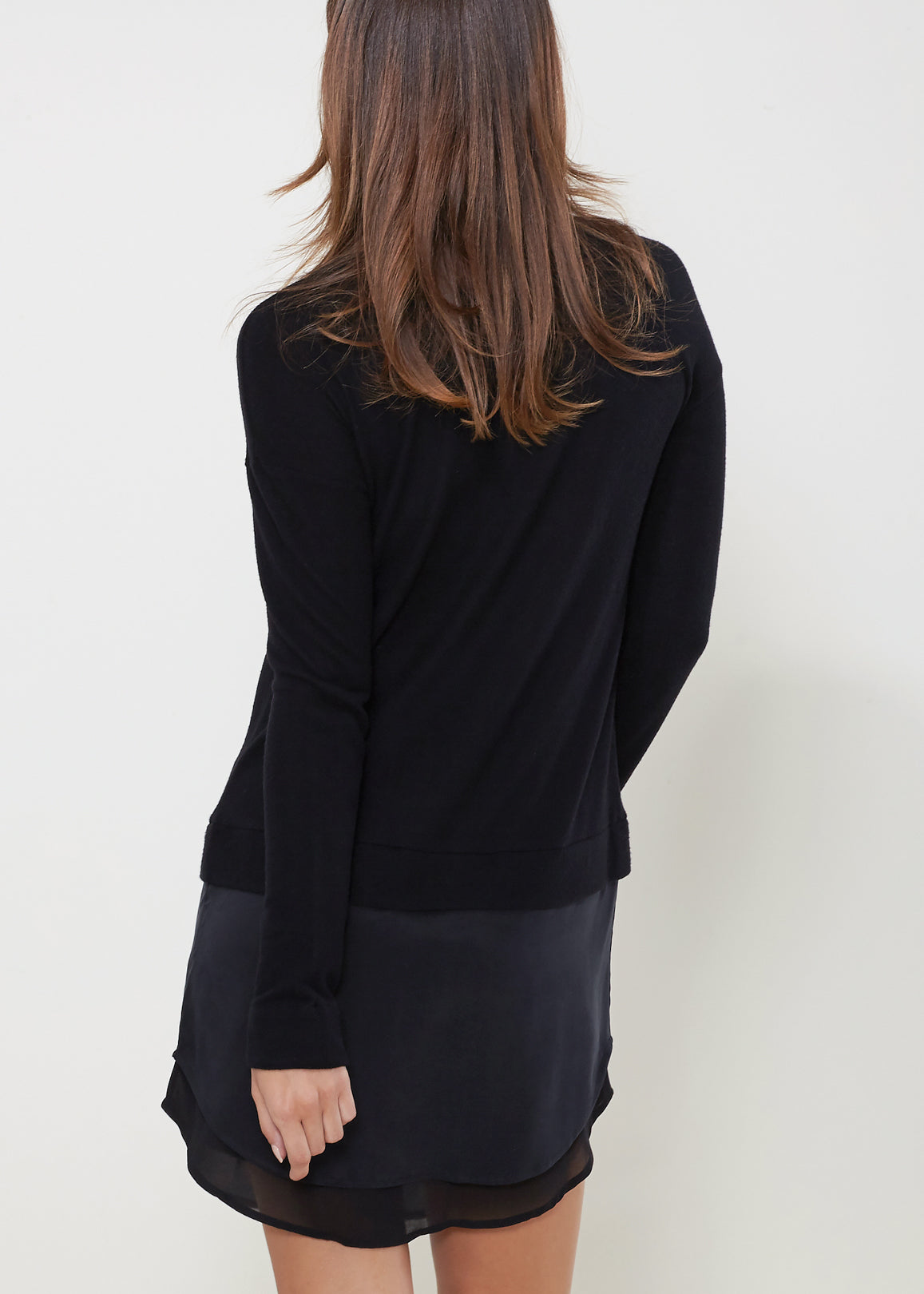 Women Twofer Pullover Sweater Dress featuring long sleeves and a chest pocket, made from a soft cotton blend.