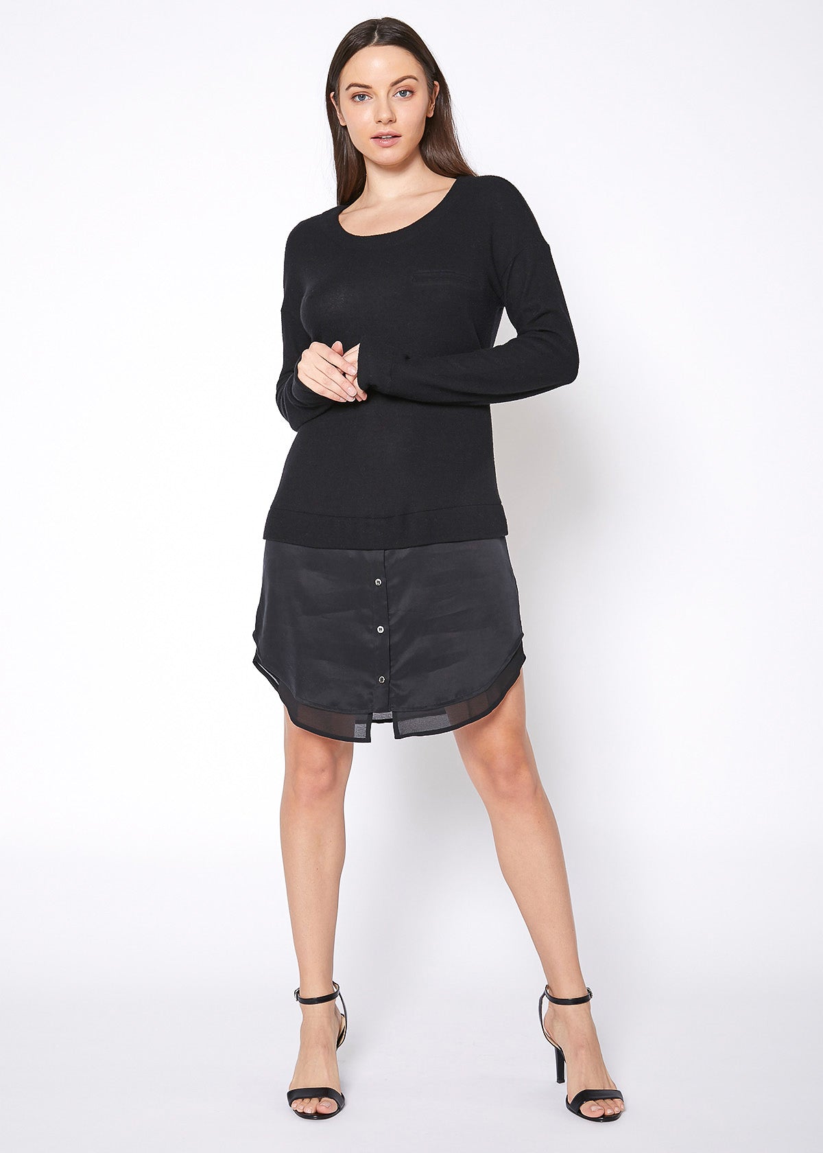 Women Twofer Pullover Sweater Dress featuring long sleeves and a chest pocket, made from a soft cotton blend.