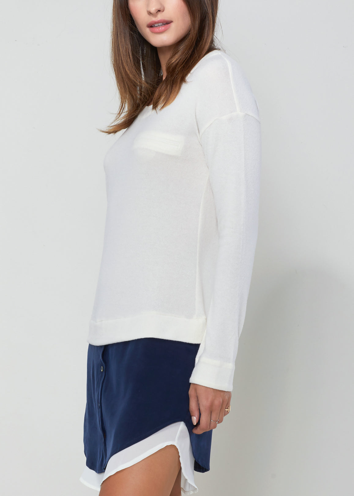 Women Twofer Pullover Sweater Dress featuring long sleeves and a chest pocket, made from a soft cotton blend.