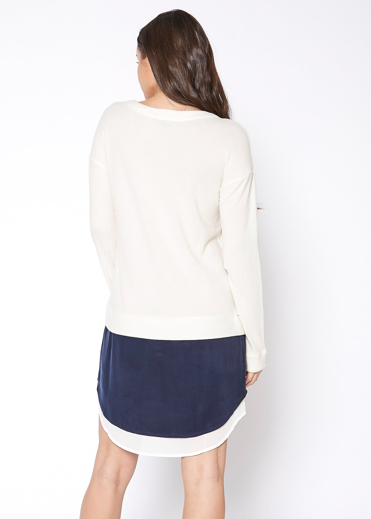 Women Twofer Pullover Sweater Dress featuring long sleeves and a chest pocket, made from a soft cotton blend.