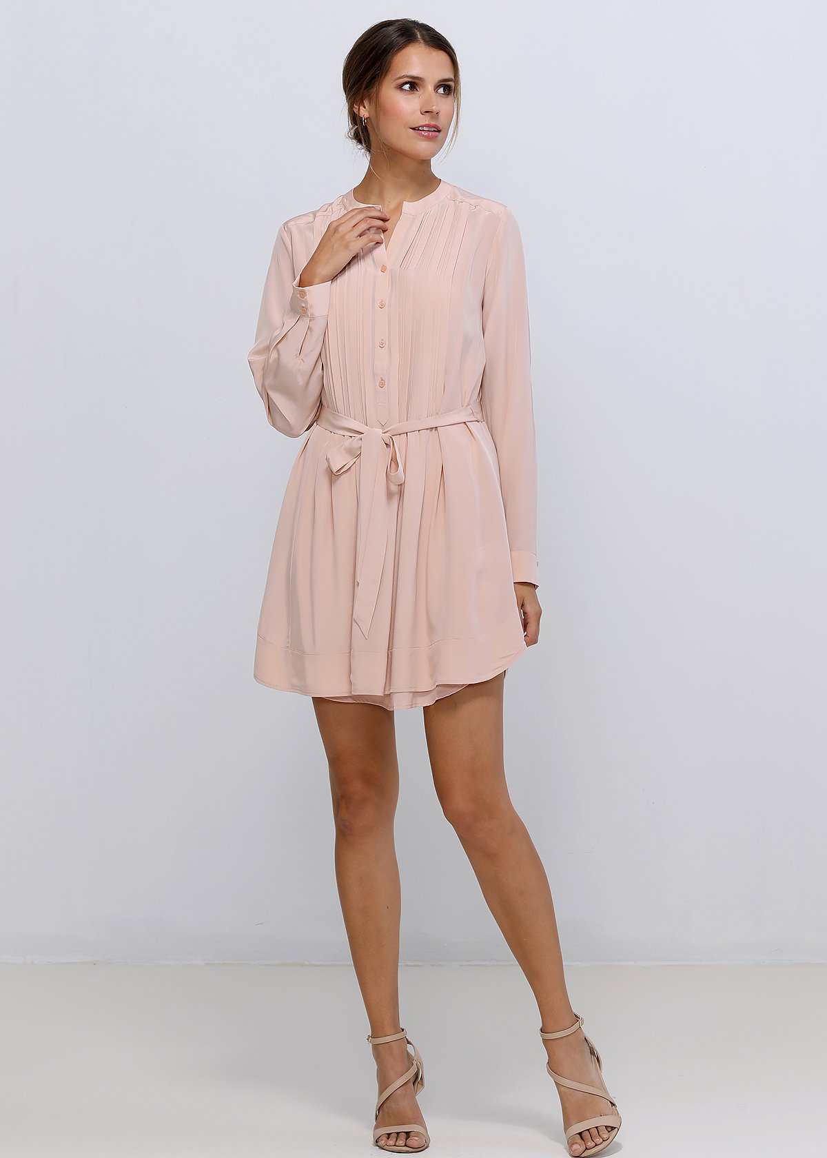 A stylish Women's 100% Silk Pleated Dress featuring a round split collar, pleated front detail, and a removable waist strap, elegantly displayed.