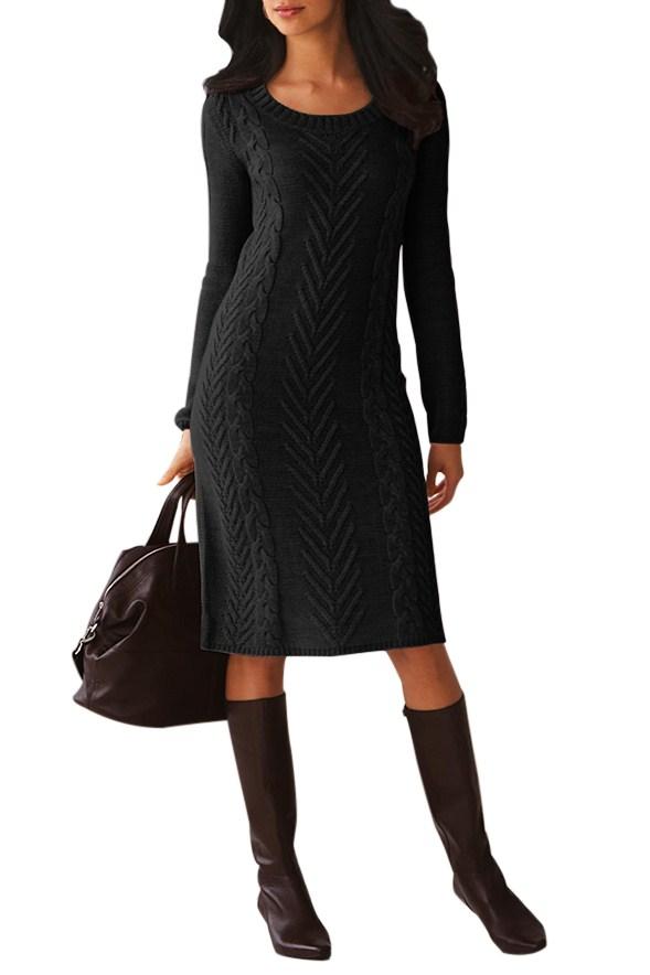 A stylish women's black hand knitted sweater dress featuring a mid-calf length, full sleeves, and a chic O-neck design, perfect for autumn and winter wear.