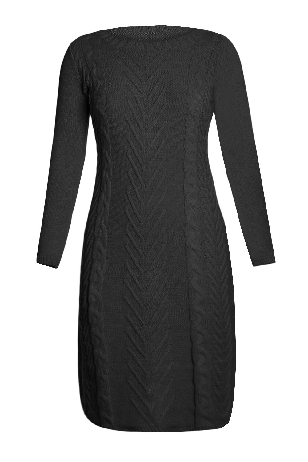 A stylish women's black hand knitted sweater dress featuring a mid-calf length, full sleeves, and a chic O-neck design, perfect for autumn and winter wear.