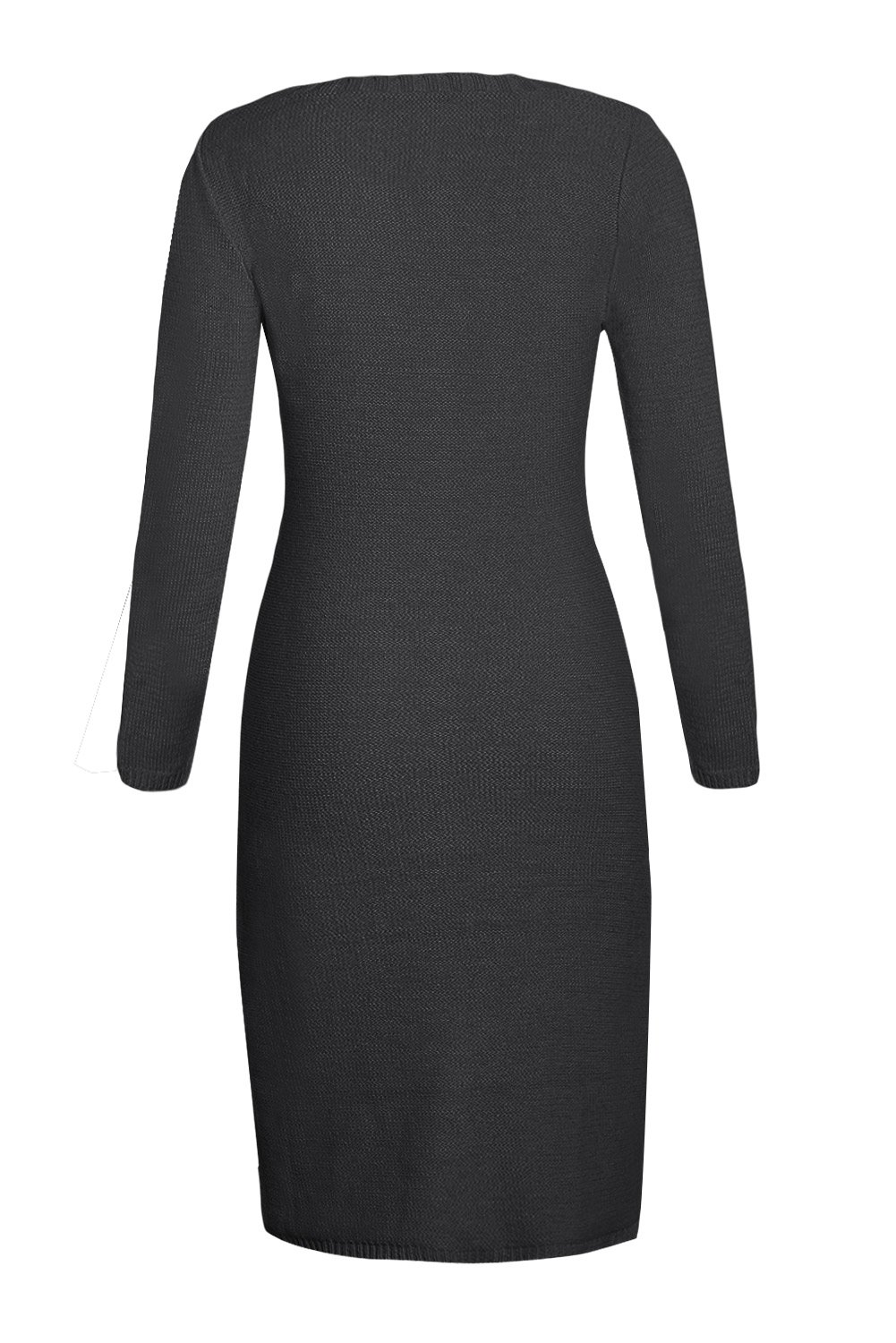 A stylish women's black hand knitted sweater dress featuring a mid-calf length, full sleeves, and a chic O-neck design, perfect for autumn and winter wear.