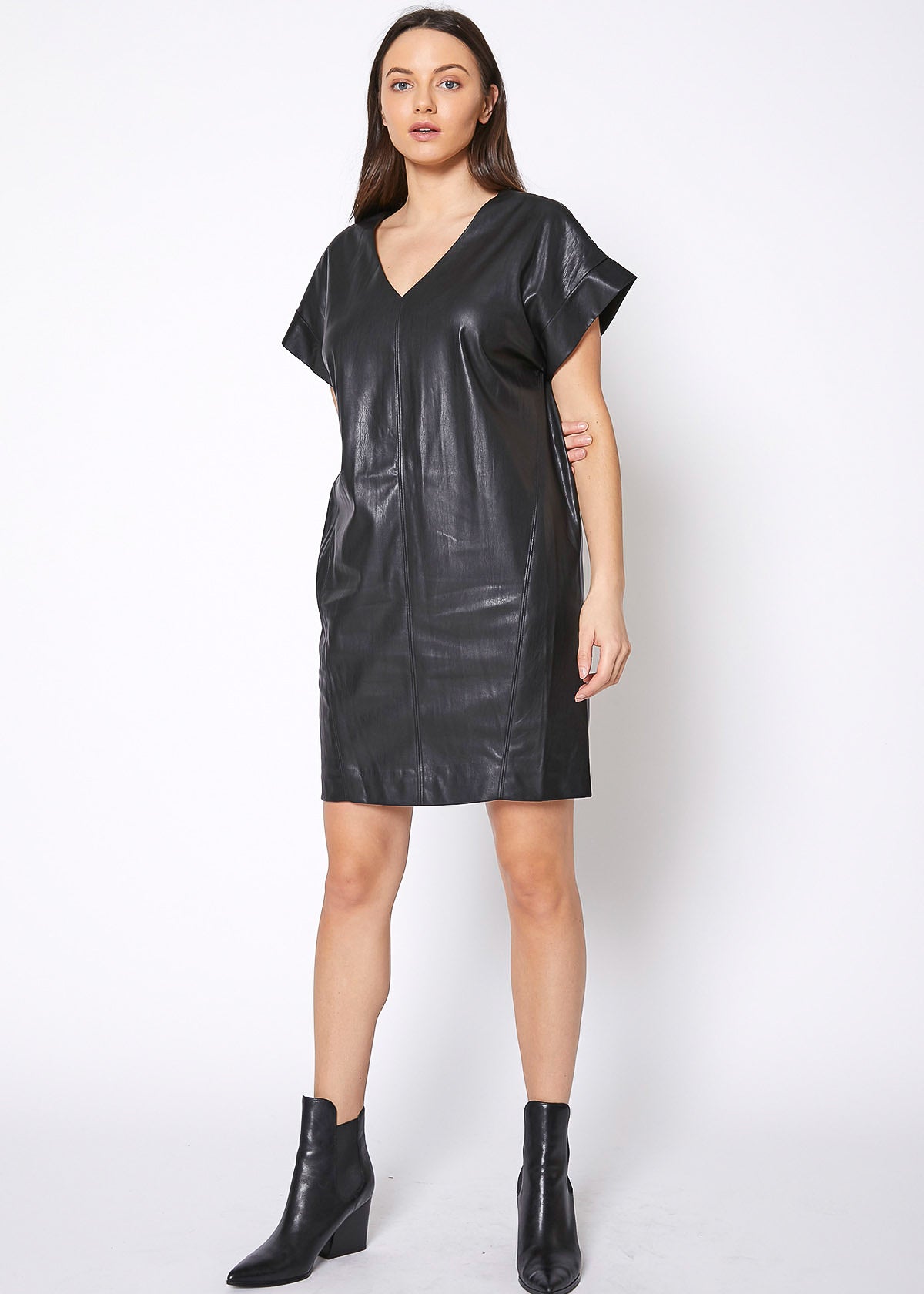 Women's Black PU Leather Dress featuring a V-neck design and short sleeves, perfect for stylish occasions.