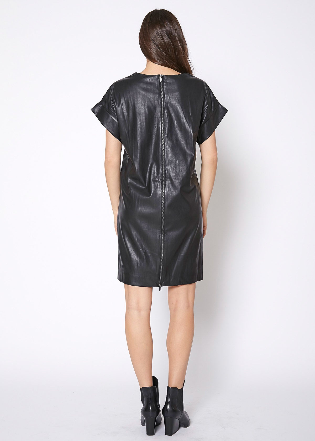 Women's Black PU Leather Dress featuring a V-neck design and short sleeves, perfect for stylish occasions.