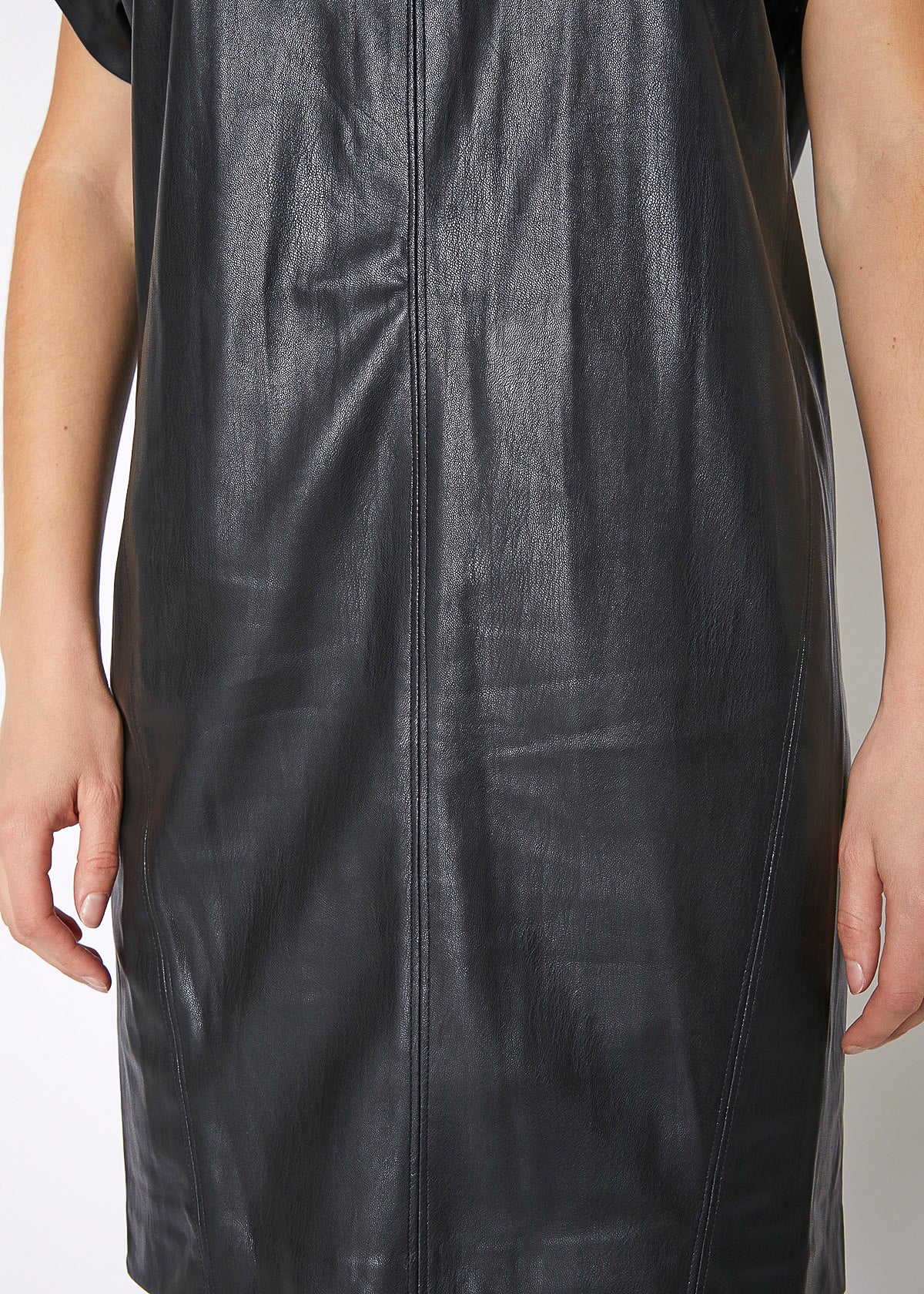 Women's Black PU Leather Dress featuring a V-neck design and short sleeves, perfect for stylish occasions.