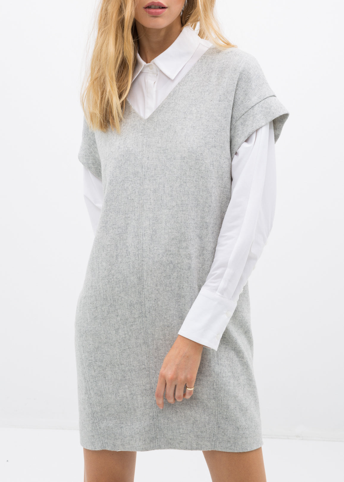 Women's Casual Heather Grey V-Neck Dress displayed on a model, showcasing its stylish design and flattering fit.