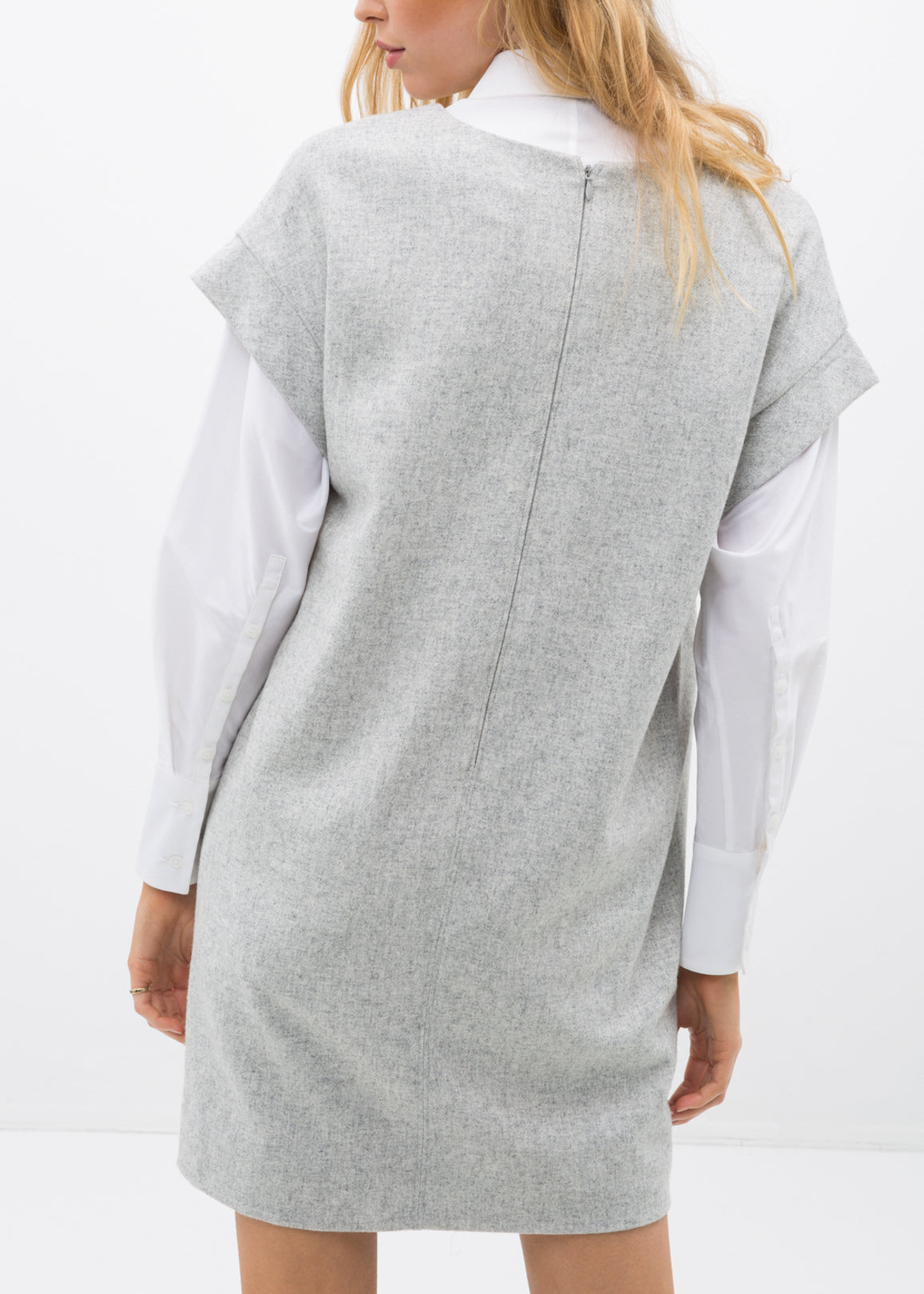 Women's Casual Heather Grey V-Neck Dress displayed on a model, showcasing its stylish design and flattering fit.