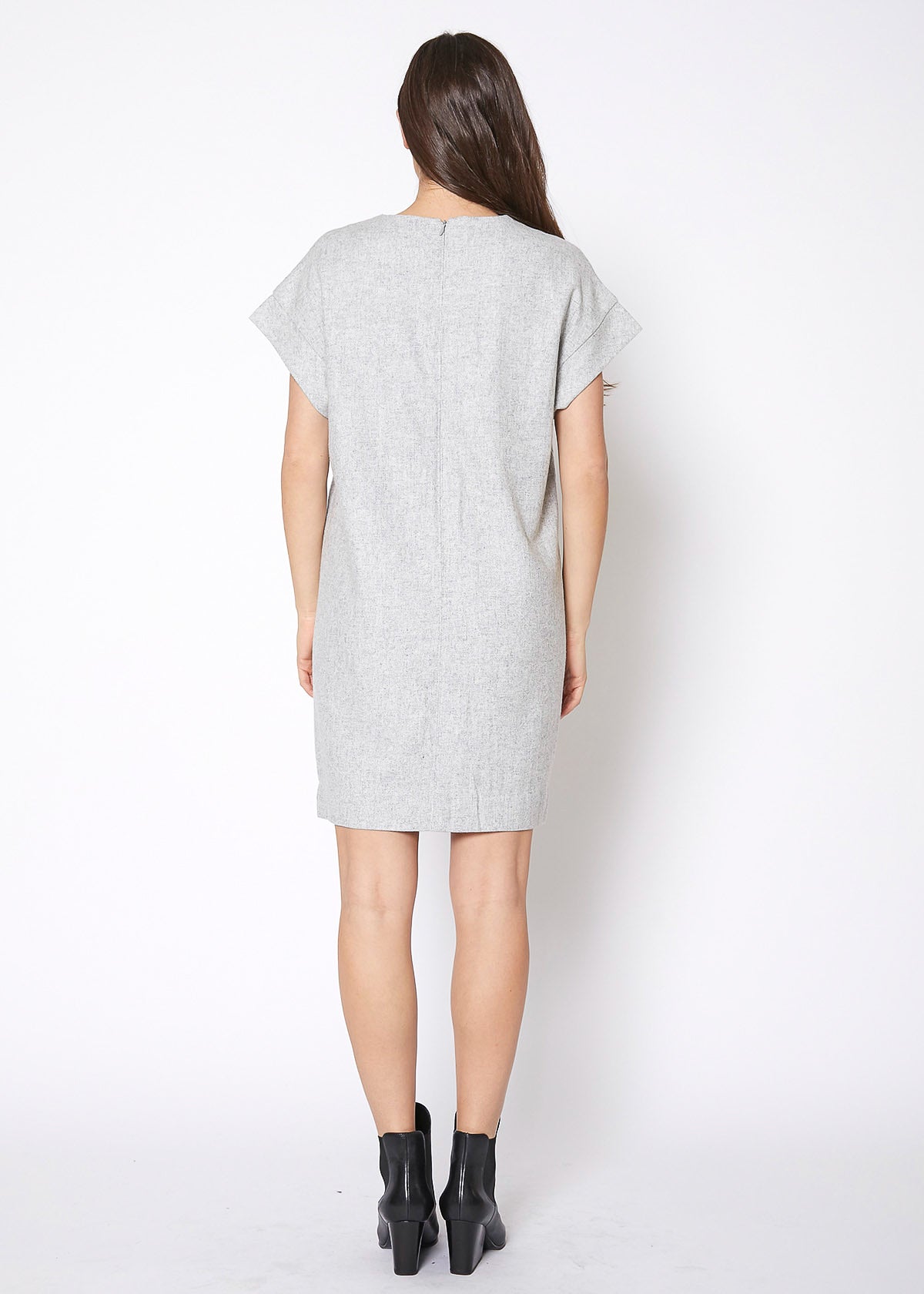 Women's Casual Heather Grey V-Neck Dress displayed on a model, showcasing its stylish design and flattering fit.