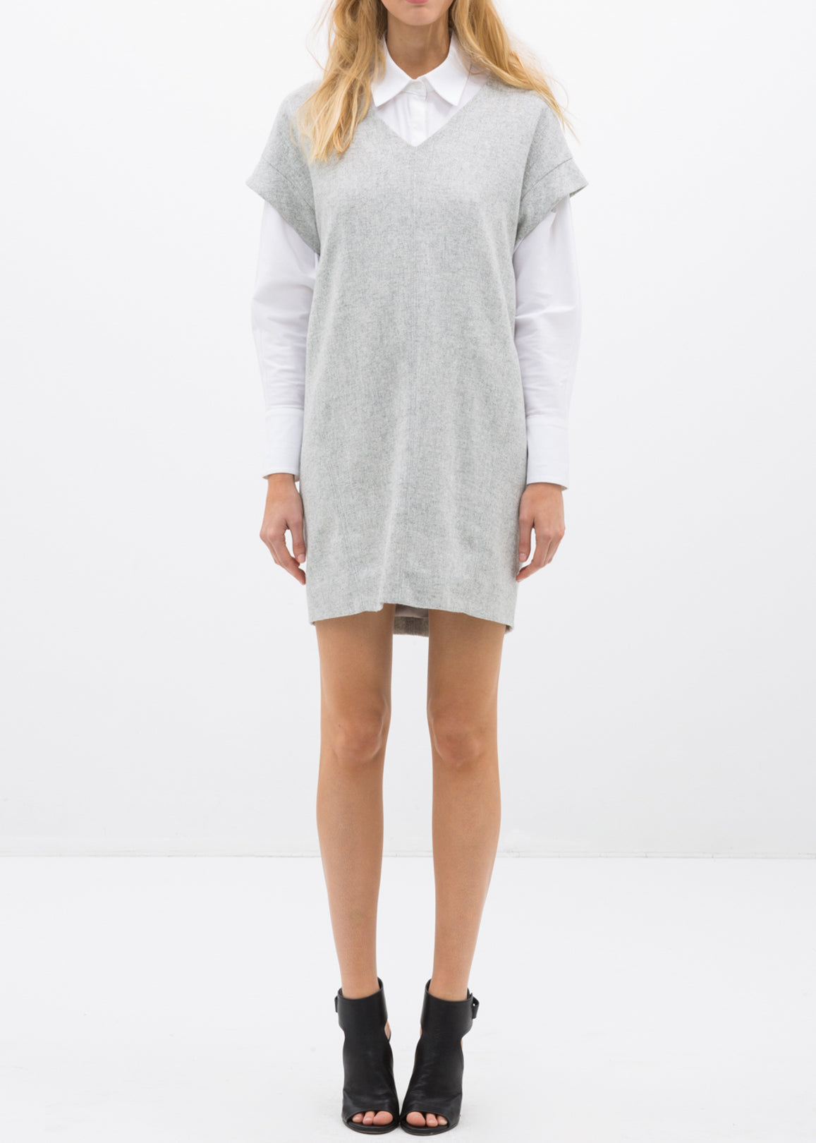 Women's Casual Heather Grey V-Neck Dress displayed on a model, showcasing its stylish design and flattering fit.