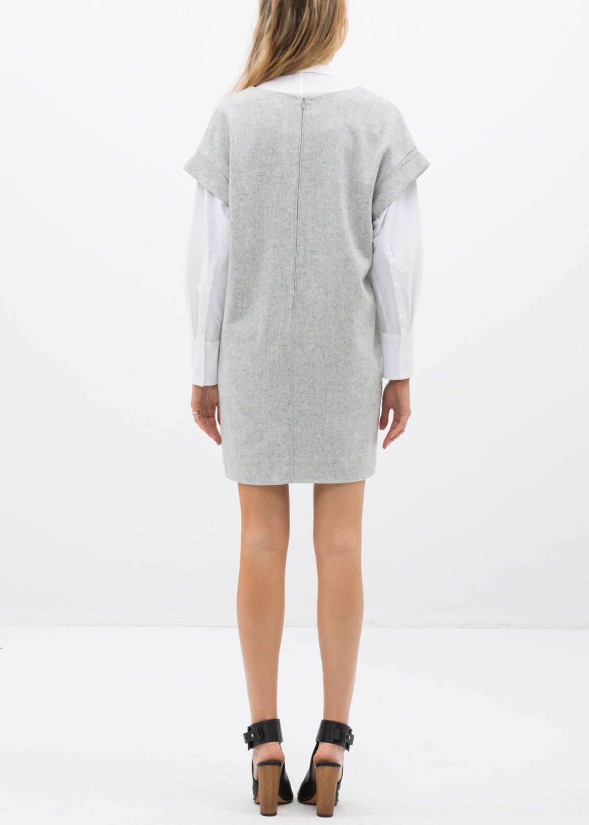 Women's Casual Heather Grey V-Neck Dress displayed on a model, showcasing its stylish design and flattering fit.