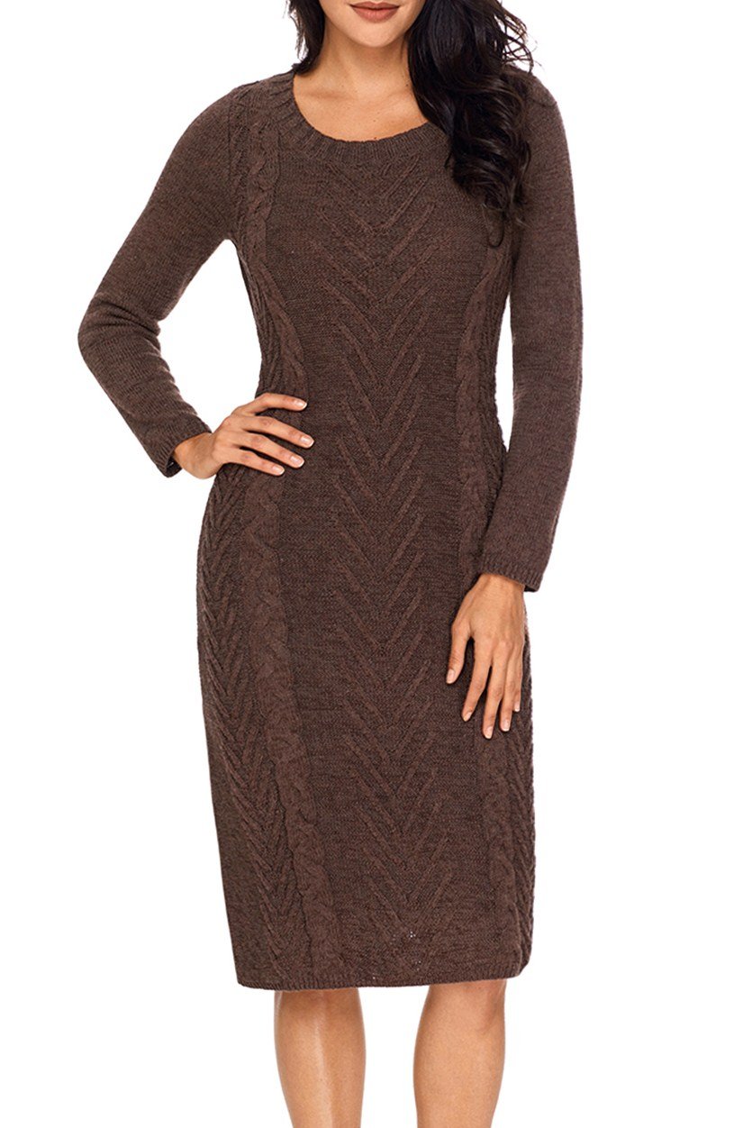 A stylish women's coffee hand knitted sweater dress featuring a chic O-neck design and full sleeves, perfect for autumn and winter wear.